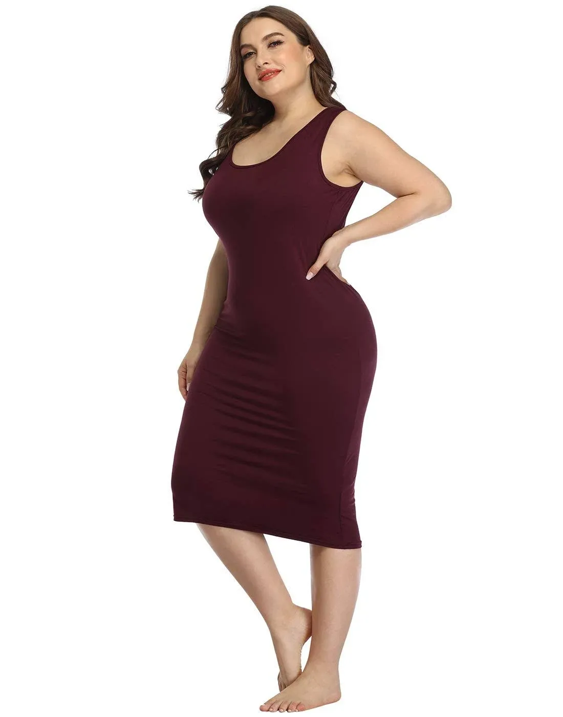 Hde Plus Size Bodycon Midi Dress Casual Fitted Jersey Tank Everyday Sundress Dark ...