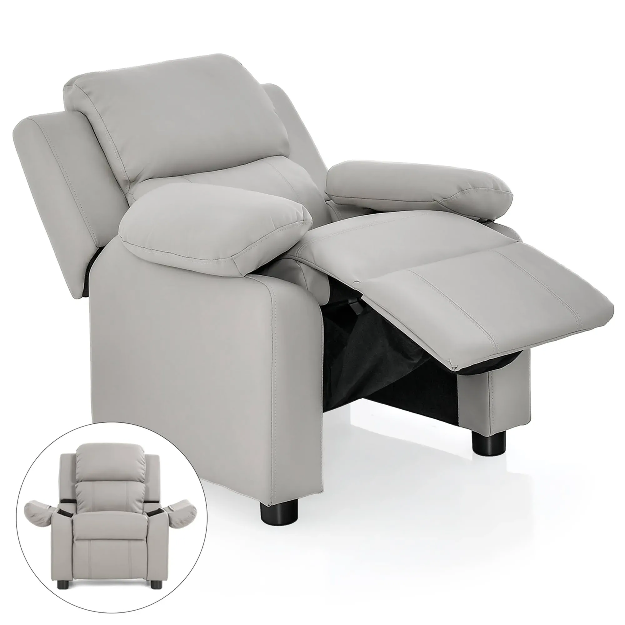 Kids Deluxe Headrest Recliner Sofa Chair with Storage Arms Gray