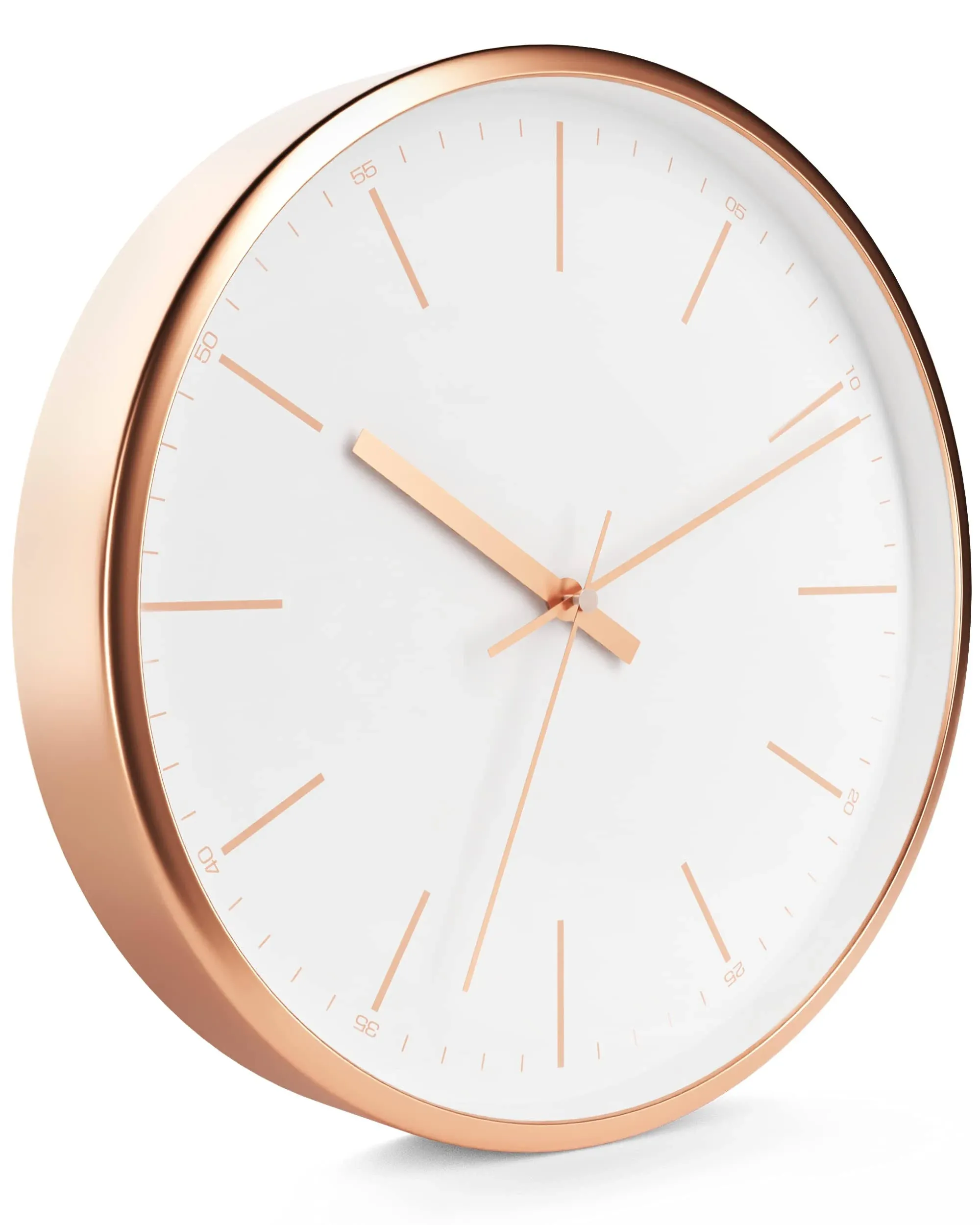 Driini Aluminum Modern Rose Gold Analog Wall Clock - Decorative Frame with White Face (12 inch) - Battery Operated, Silent, and Non-Ticking.