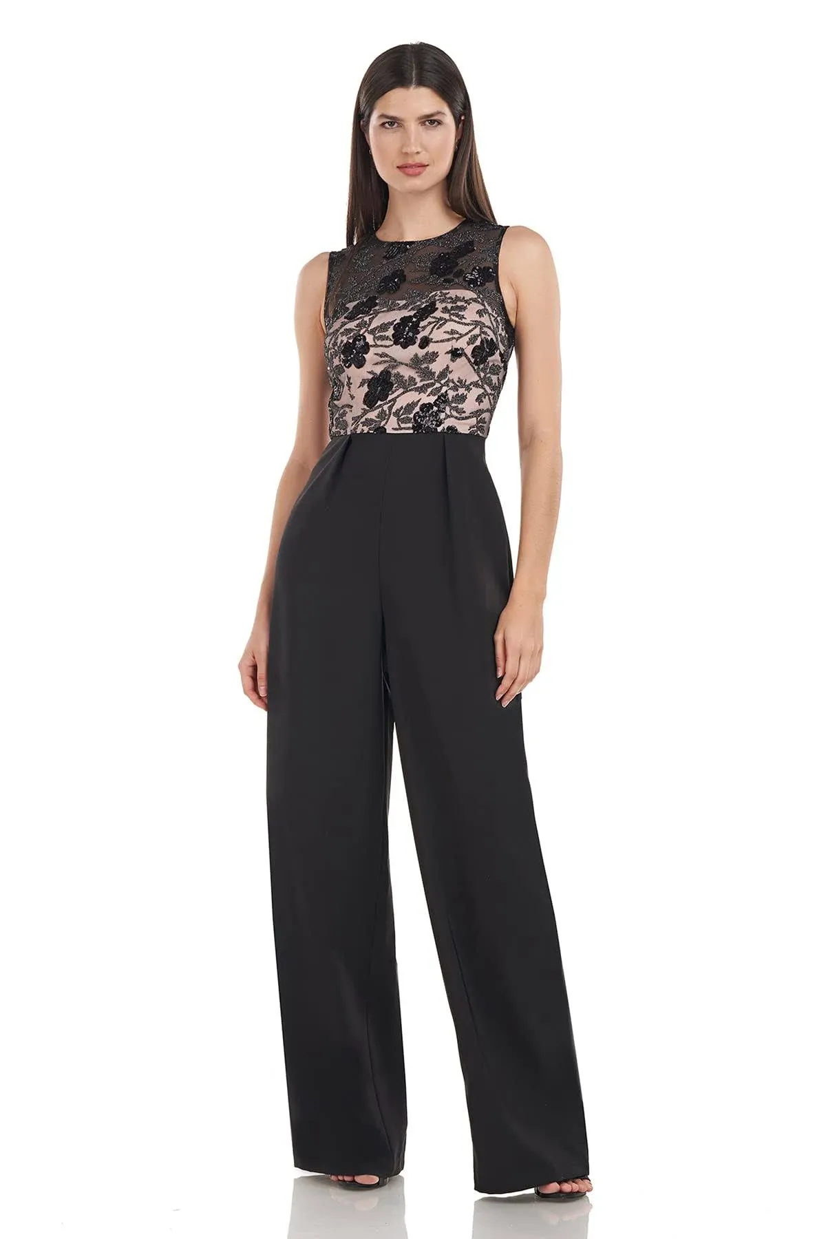 JS Collections Women's Sequined Palazzo Jumpsuit - Black Blush - Size 12