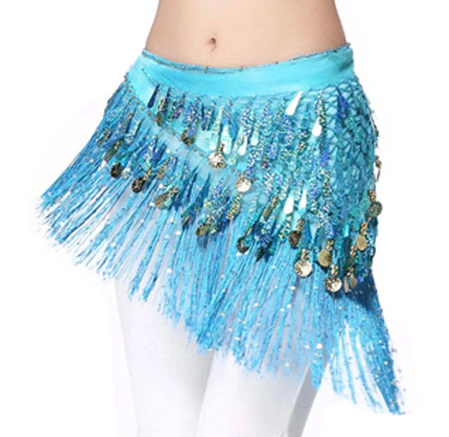 Lauthen.S Belly Dance Hip Scarf with Tassels Sequins, Triangle Coins Wrap Skirt Music Festival Clothing