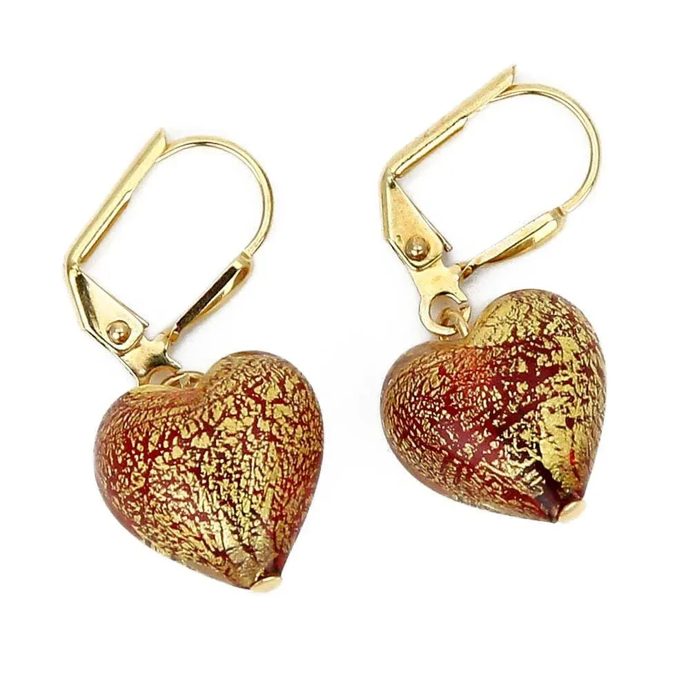 Murano Glass CA D'oro Heart Earrings - Red