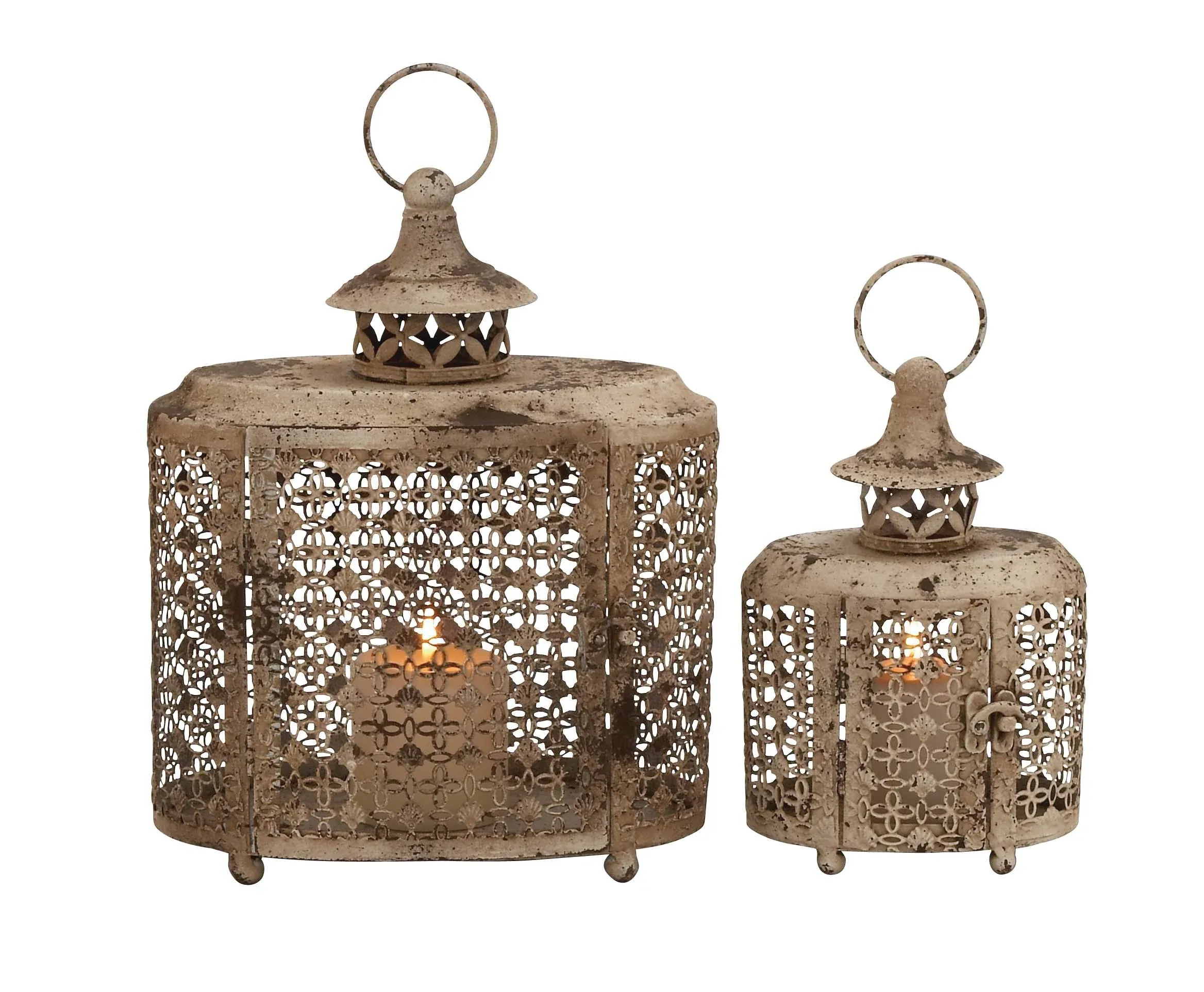 Deco 79 Metal Floral Candle Lantern Antique Distressed Oval Cutout , Set of 2 12", 9"H, Beige