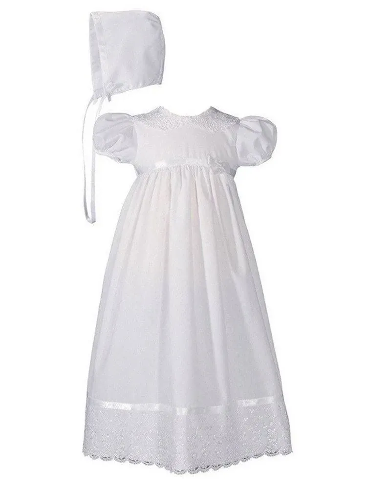 Baby Girls White Poly Cotton Lace Collar Hem Hat Christening Gown