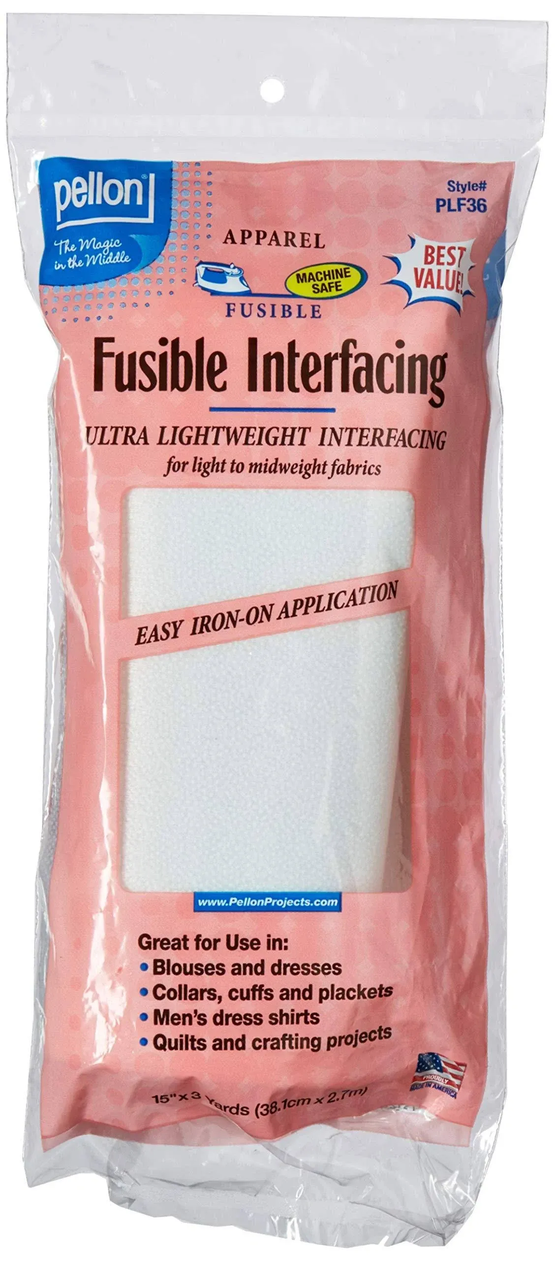 Pellon PLF36 Ultra Lightweight Fusible Interfacing, White, 15" x 3 Yards (4 Pack)