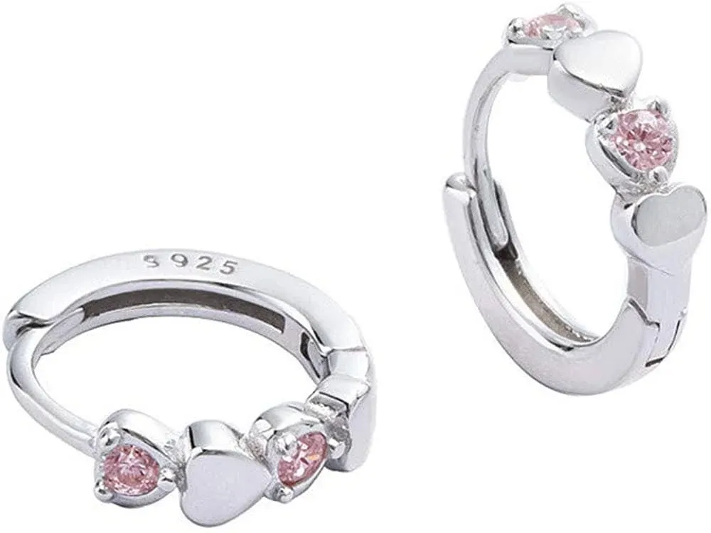 Double Love Heart Cubic Zirconia Small Hoop Earrings for Women Girls 925 Sterling Silver Hypoallergenic Pink CZ Huggie Hoops Cartilage Dainty Jewelry Gifts