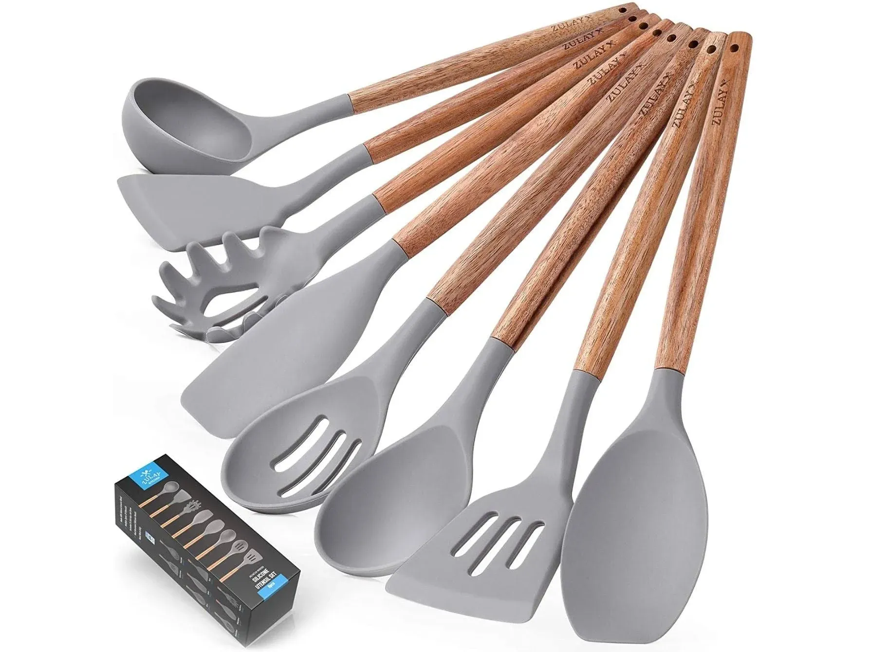 Zulay Kitchen 8 Piece Silicone Utensils Set with Natural Acacia Hardwood Handles ...