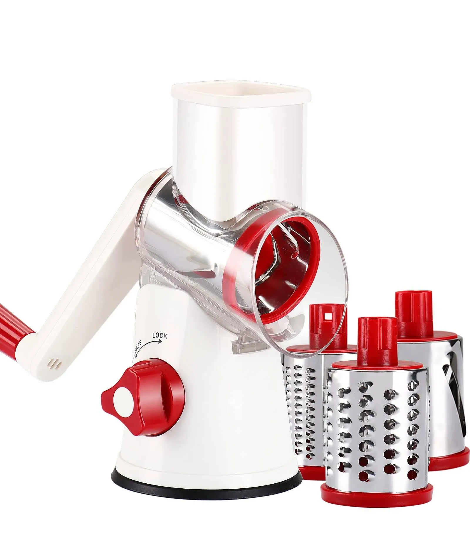 Rotary Cheese Grater Manual Kitchen Vegetable Shredder, 3 in 1 Round Mandoline multifunction Potato Slicer Speed Vegetable Grinder for Nuts, Carrot, Hashbrown, Garlic, Walnut (White Red)