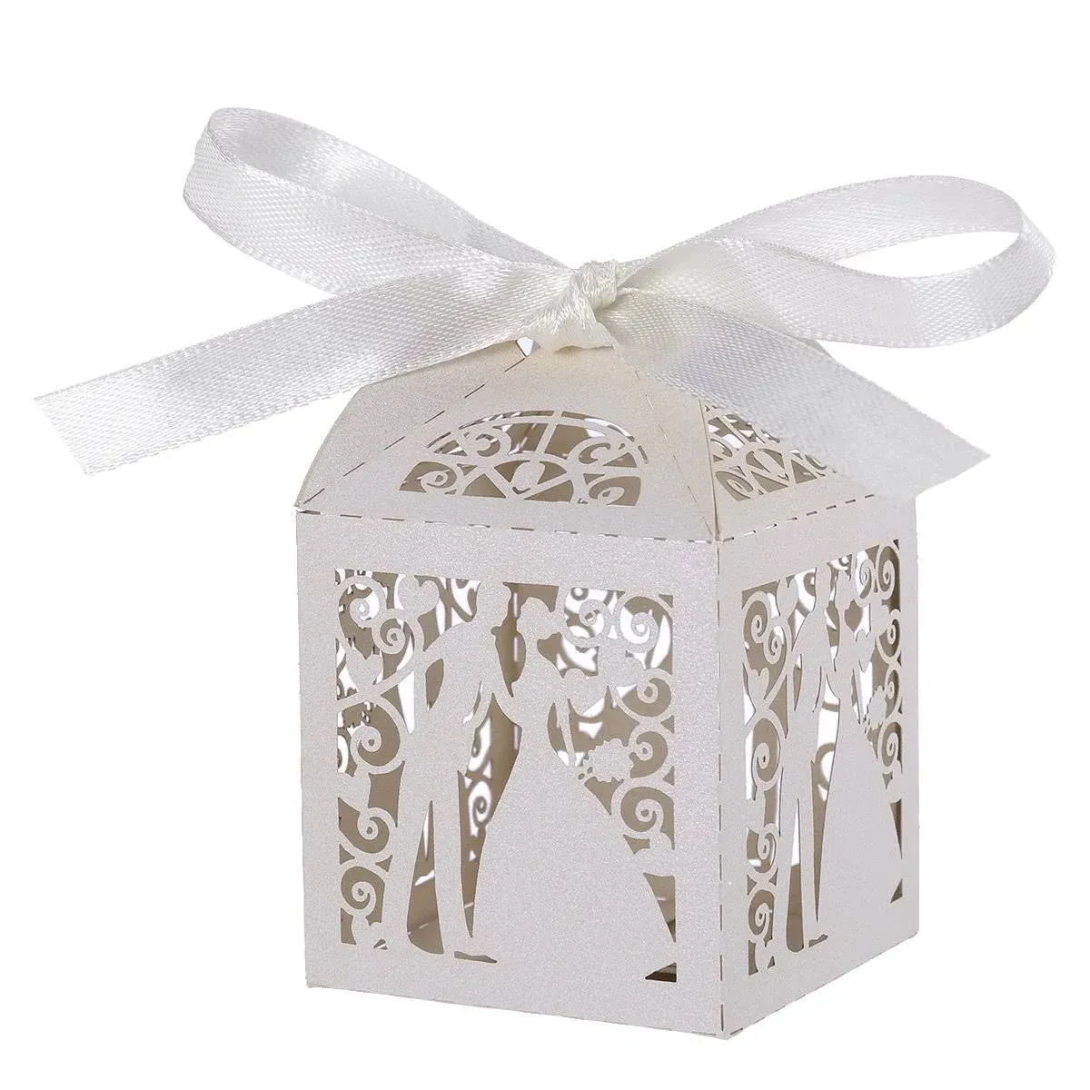 100pcs Wedding Candy Boxes Couple Design Luxury Lase Cut Party Wedding Favor Ribbon Candy Boxes