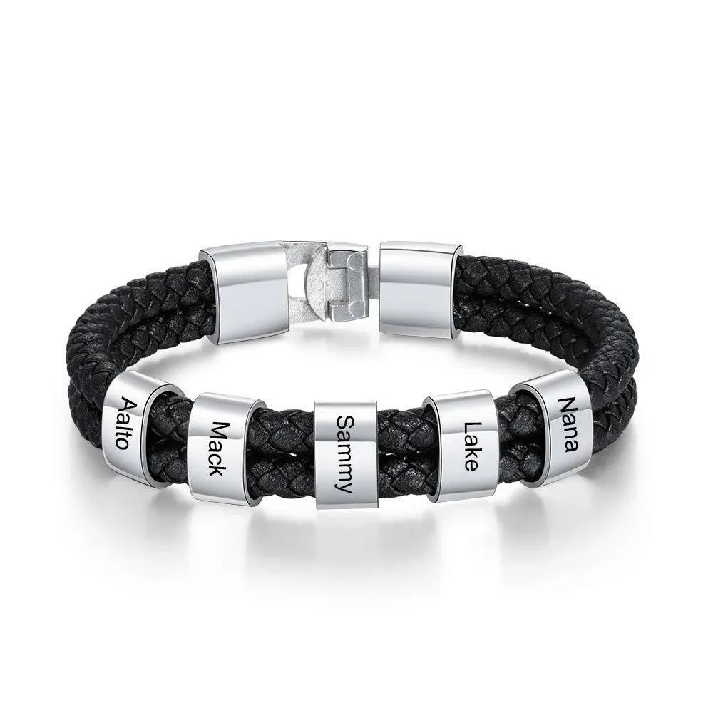 Personalized Men's Stainless Steel Leather Bracelet Customized Name Heartwarming ...