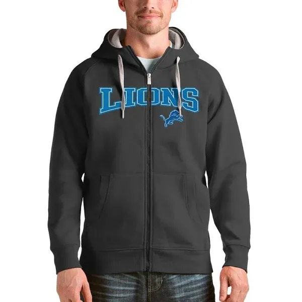 Men's Antigua Charcoal Detroit Lions Wordmark Victory Full-Zip Hoodie Size: Extra ...