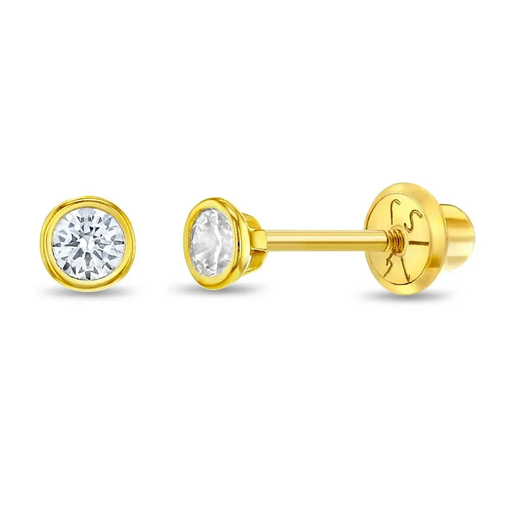 14K Yellow Gold Young Girls 3mm Solitaire Bezel CZ Screw Back Earrings for Kids ...