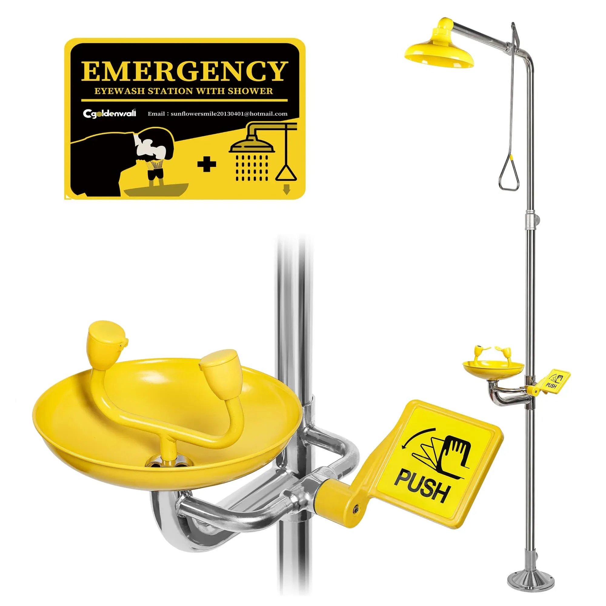 CGOLDENWALL Eye Wash Station Wall Mounted Eyewash Station Emergency Eye Face Washing Station, NPT Threads, with Emergency Sign, 304 Stainless Steel Bowl