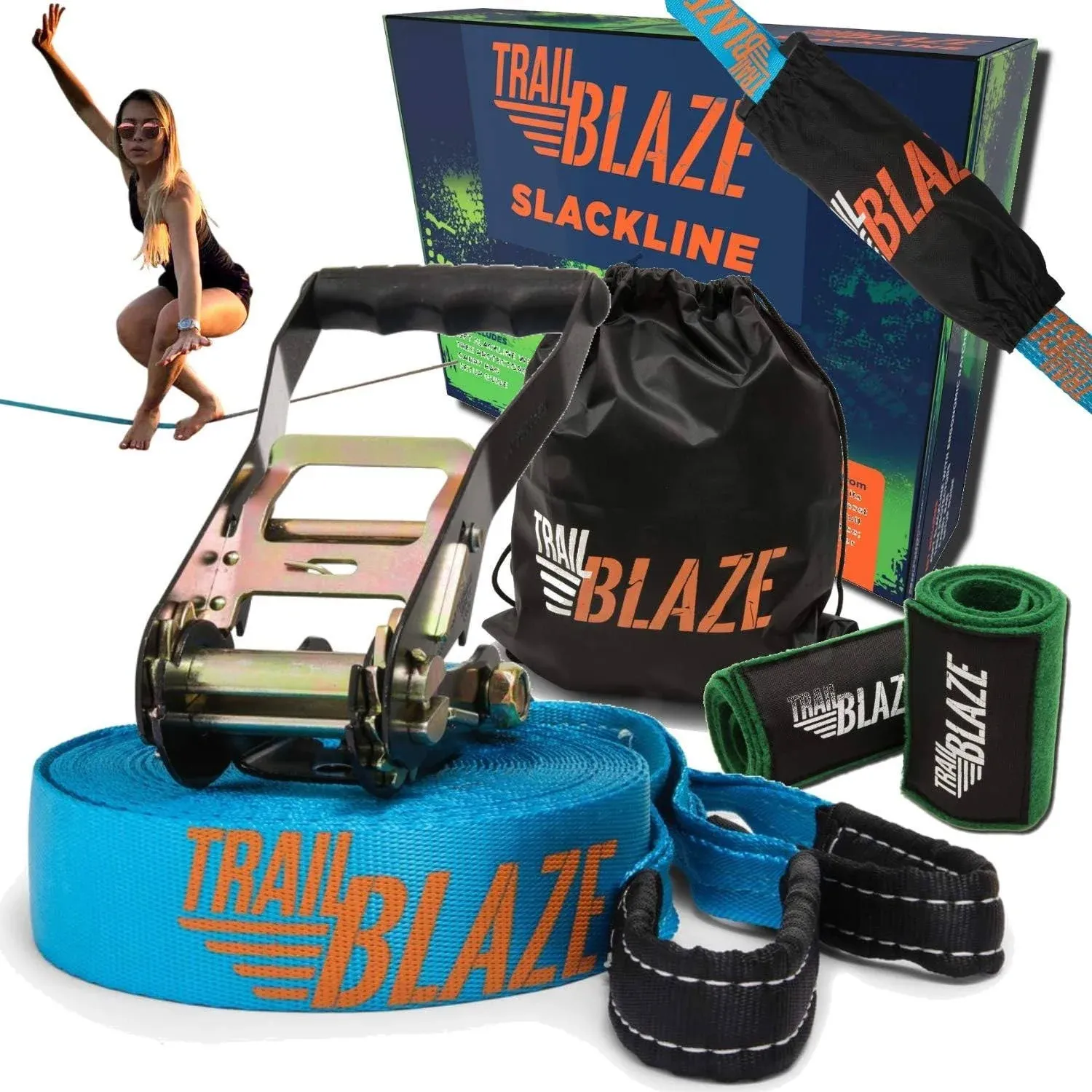 Trailblaze Slackline Kit with Tree Protectors, 49 Ft Slackline,Ratc<wbr/>het, Etc NEW