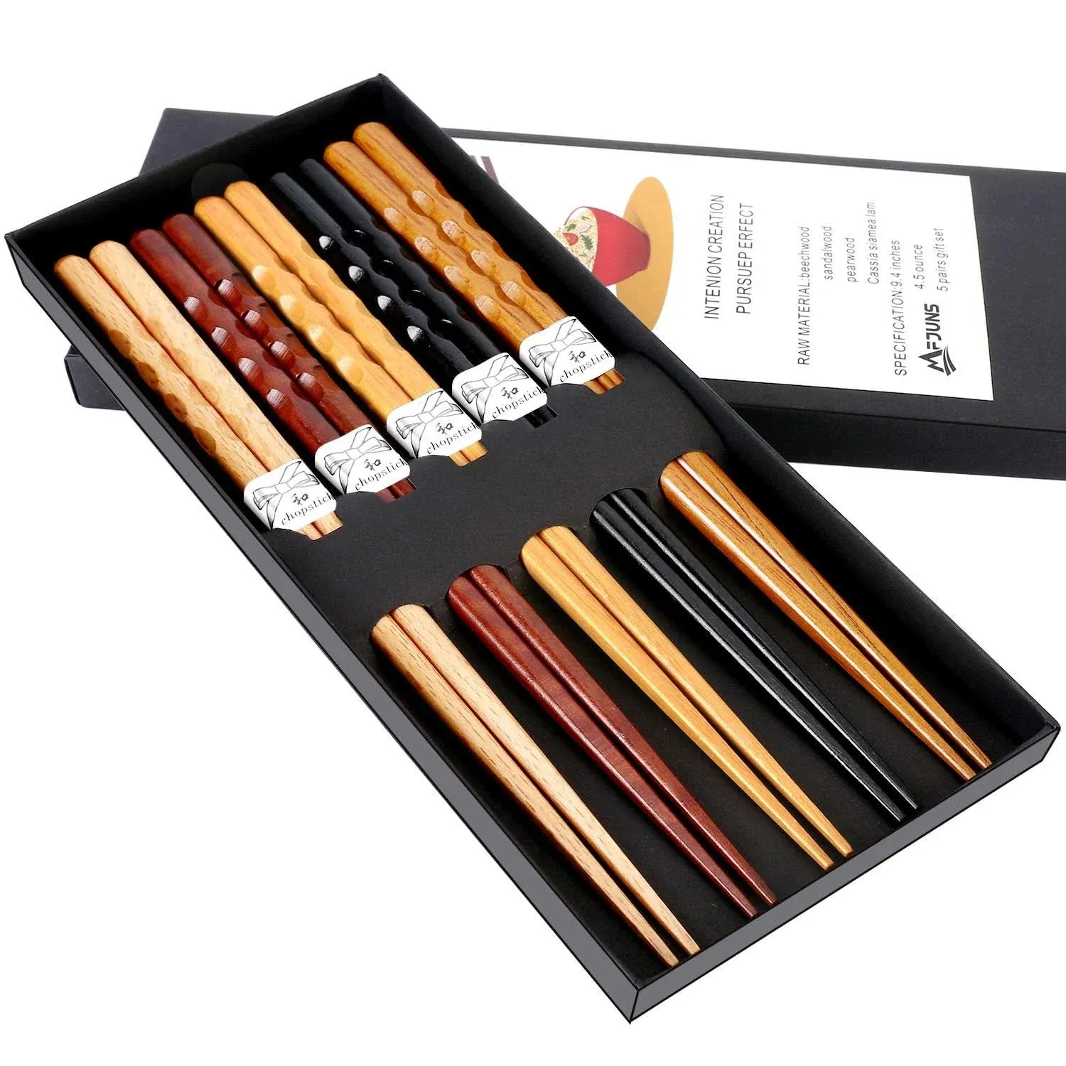 5-Pairs Reusable Set of Chopsticks, Natural Wood Chopstick and Minimalism Japanese Chopsticks Non-slip Design 8.8 Inch/22.5cm Gift Set