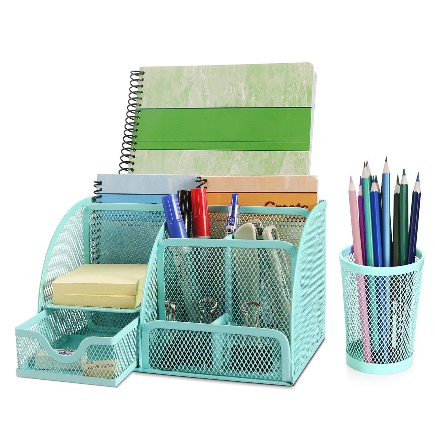 Flexzion Desk Top Caddy Organizer - Green Office Desk Accessories Organizer and Storage - Metal Mesh Desk with 6 Compartments, Drawer and Pen Holder