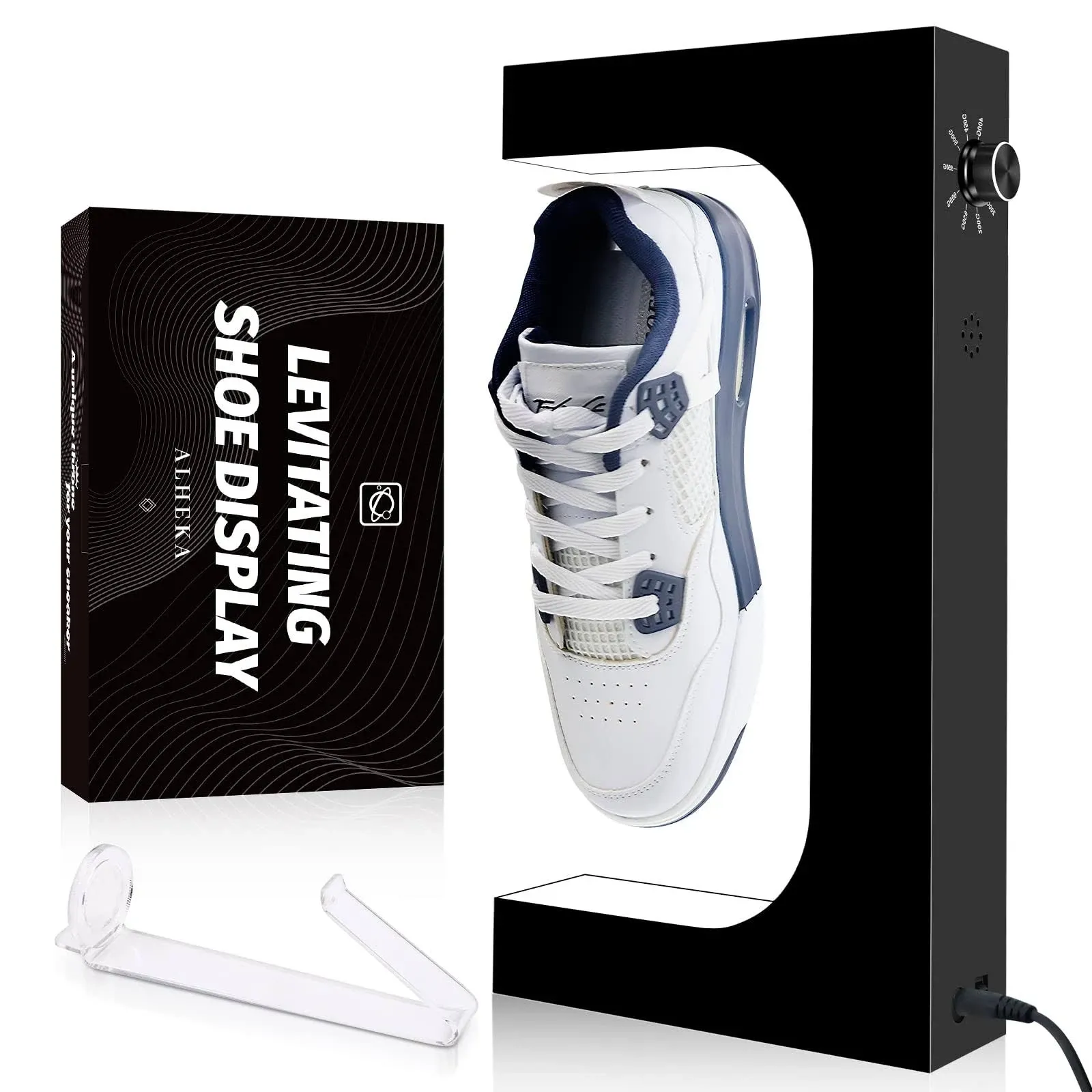 Levitating Shoe Sneaker Display, Magnetic Floating Shoe Display, Shoe Levitation with Separation Control on LED Light for Sneaker from 200-650g, Gift for Sneakerhead（Black with Shoe Stretcher）