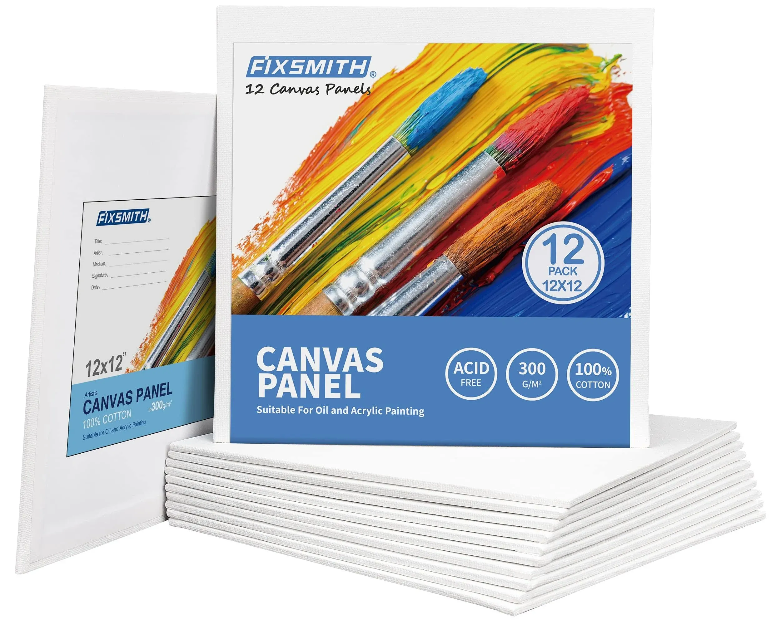 FIXSMITH Canvas Boards for Painting 12x12 inch, Super Value 12 Pack White Blank Canvas Panels, 100% Cotton Primed, Painting Art Supplies for