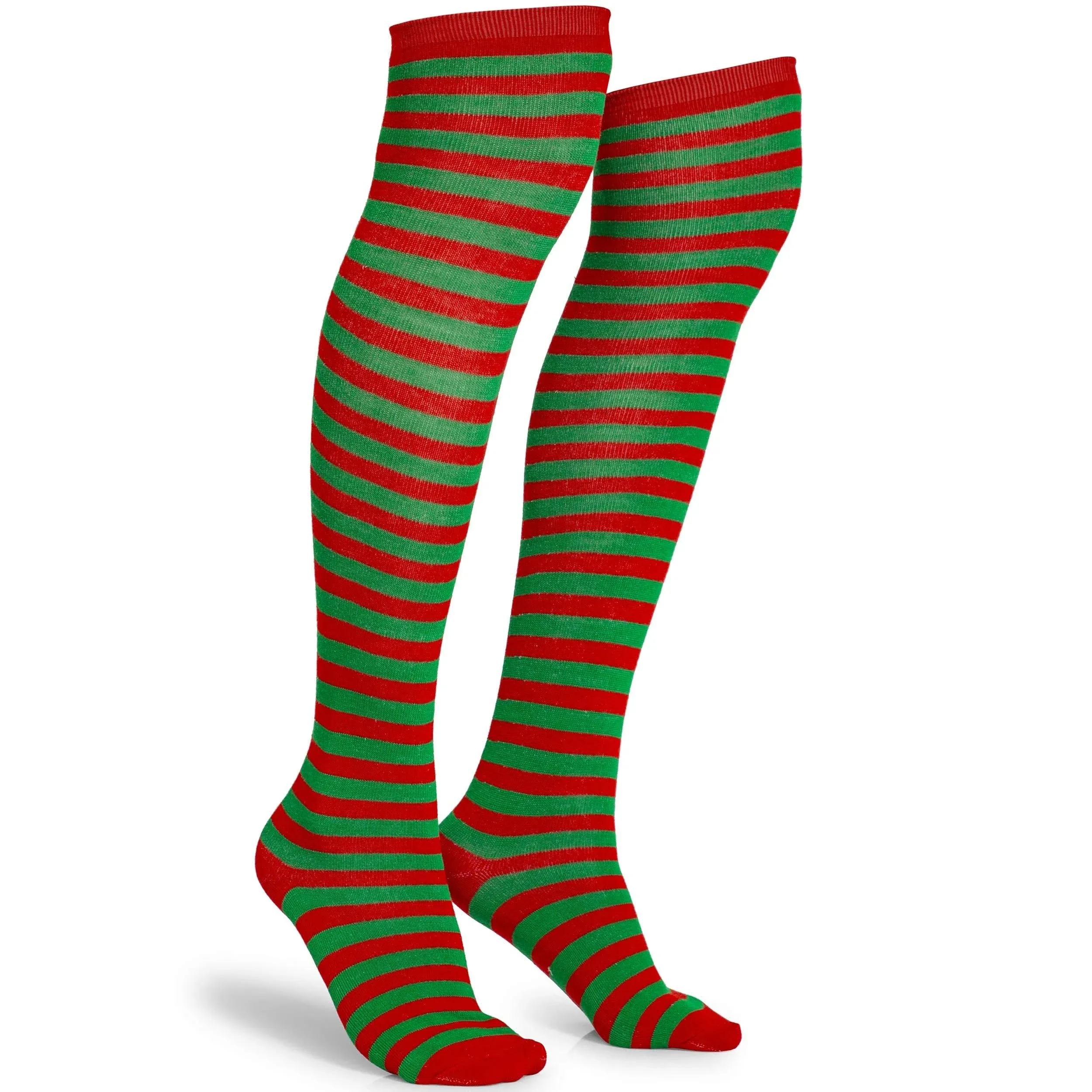 Red and Green Socks - Over The Knee Elf Striped Thigh High Costume Accessories Stockings for Men, Women and Kids