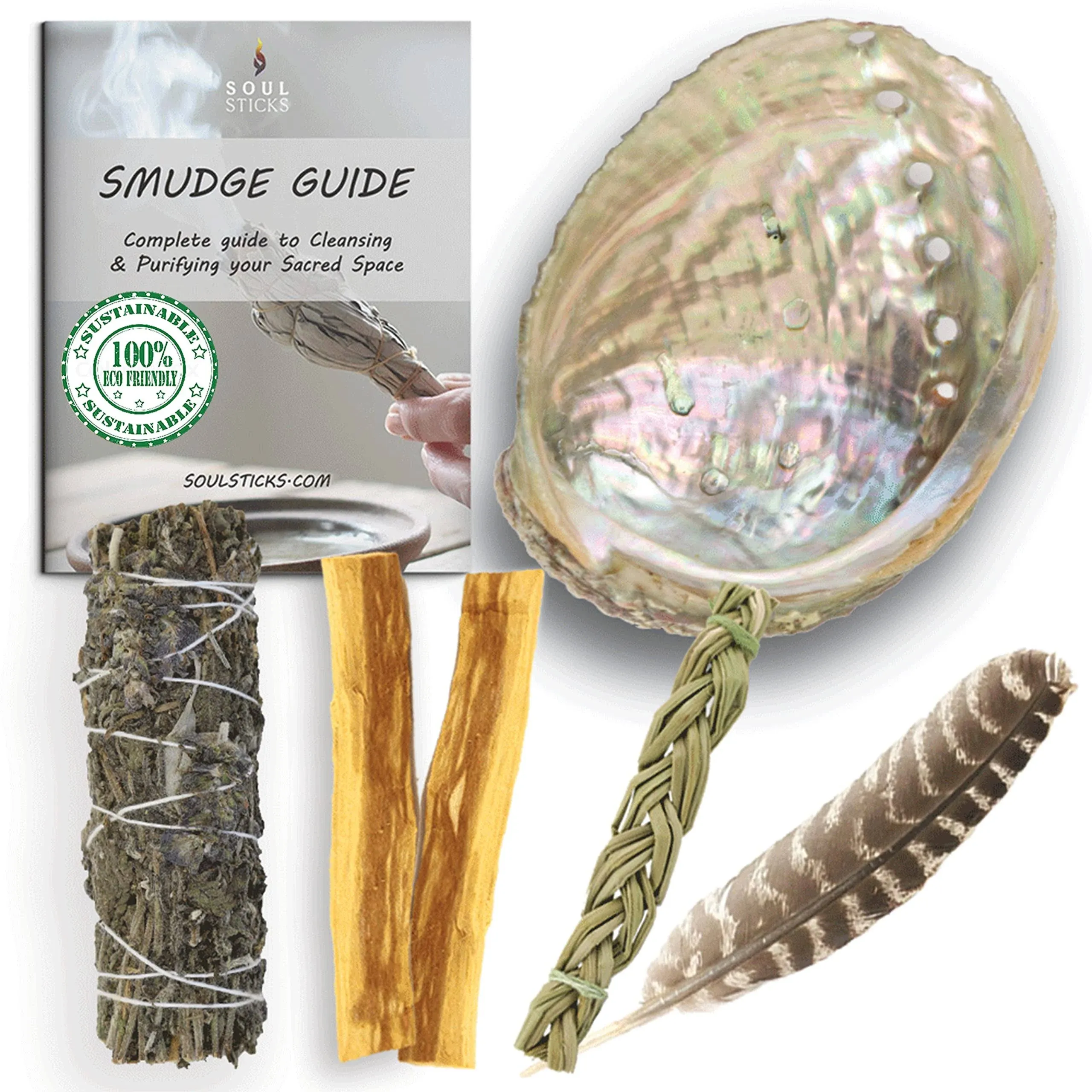 Sage Smudge Kit | Organic Lavender Smudge Stick  Sweetgrass Braid  2 Palo Santo Sticks  Abalone Shell  & Feather Smudging Kit for Meditation  Yoga  Reiki  Home Cleansing