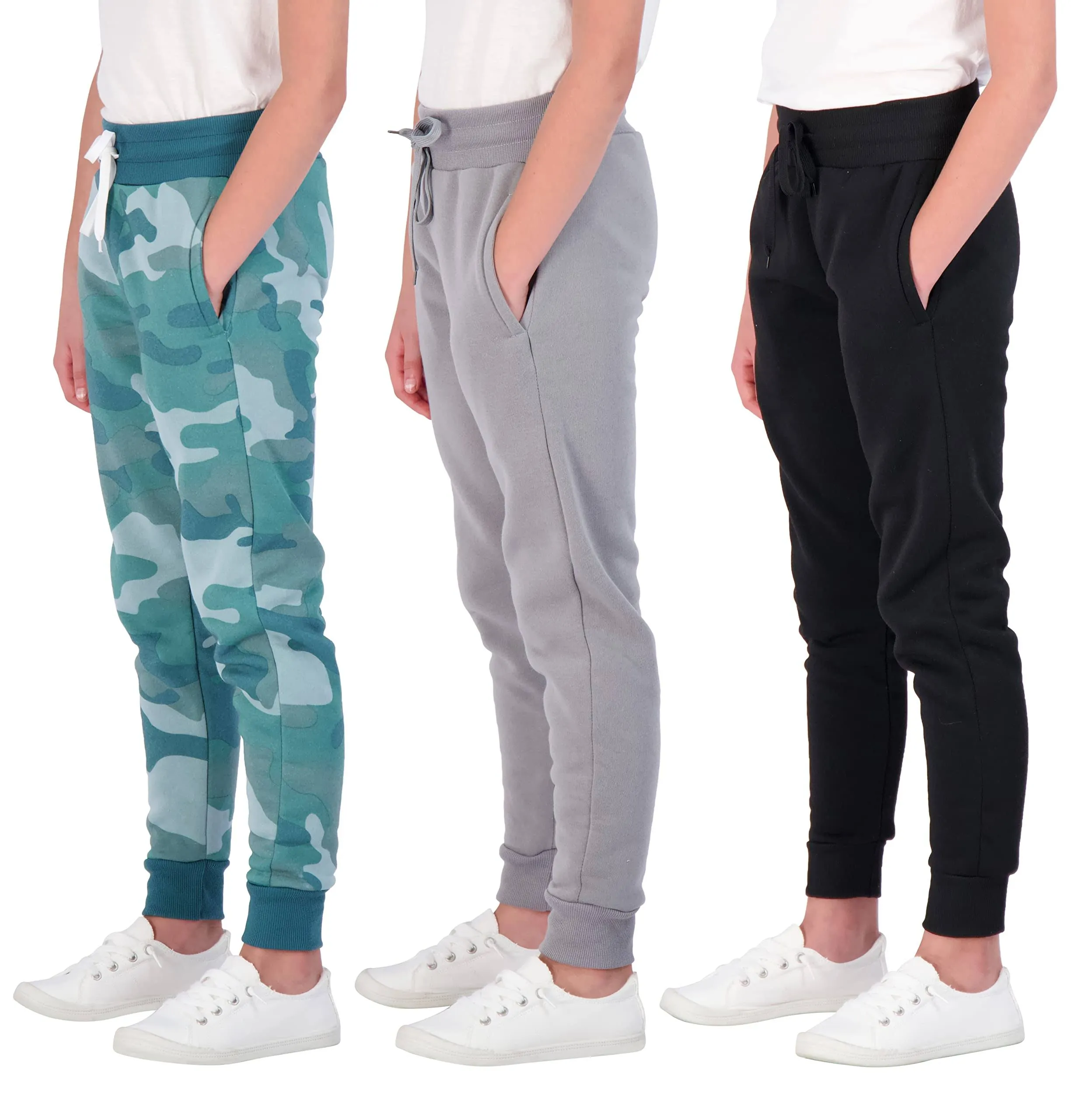 Real Essentials 3 Pack: Girls' Fleece Joggers Soft Active Performance Casual Sweatpants(Ages 7-16)