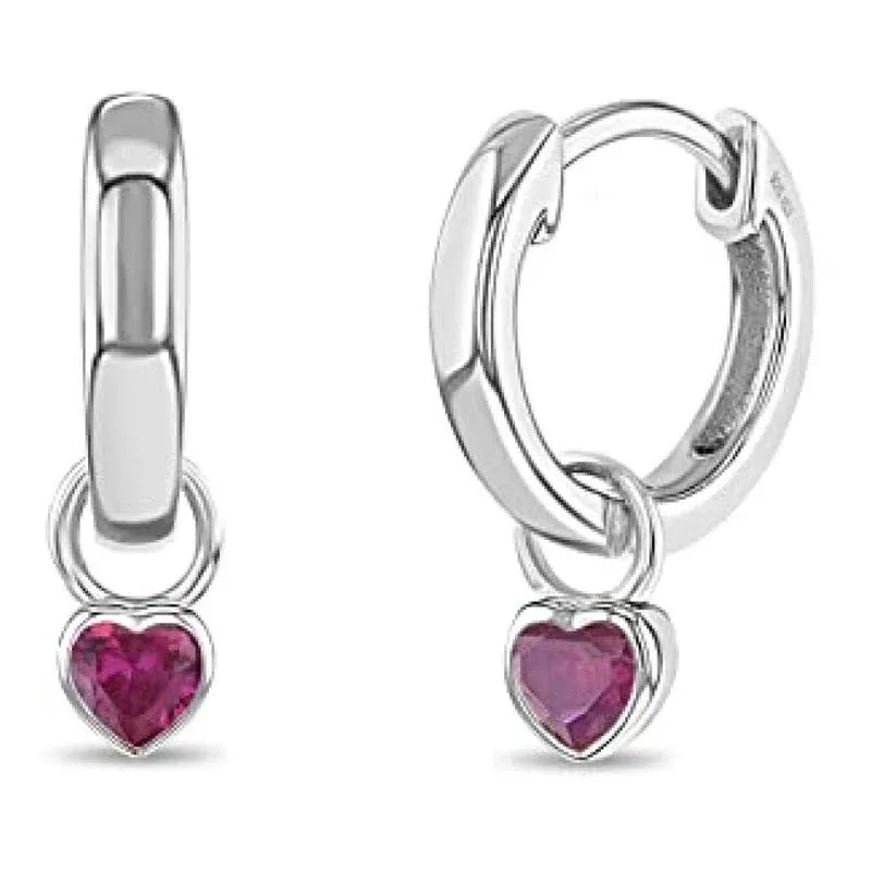 925 Sterling Silver Petite Simulated Ruby Heart Charm Hoop Earrings for Girls ...