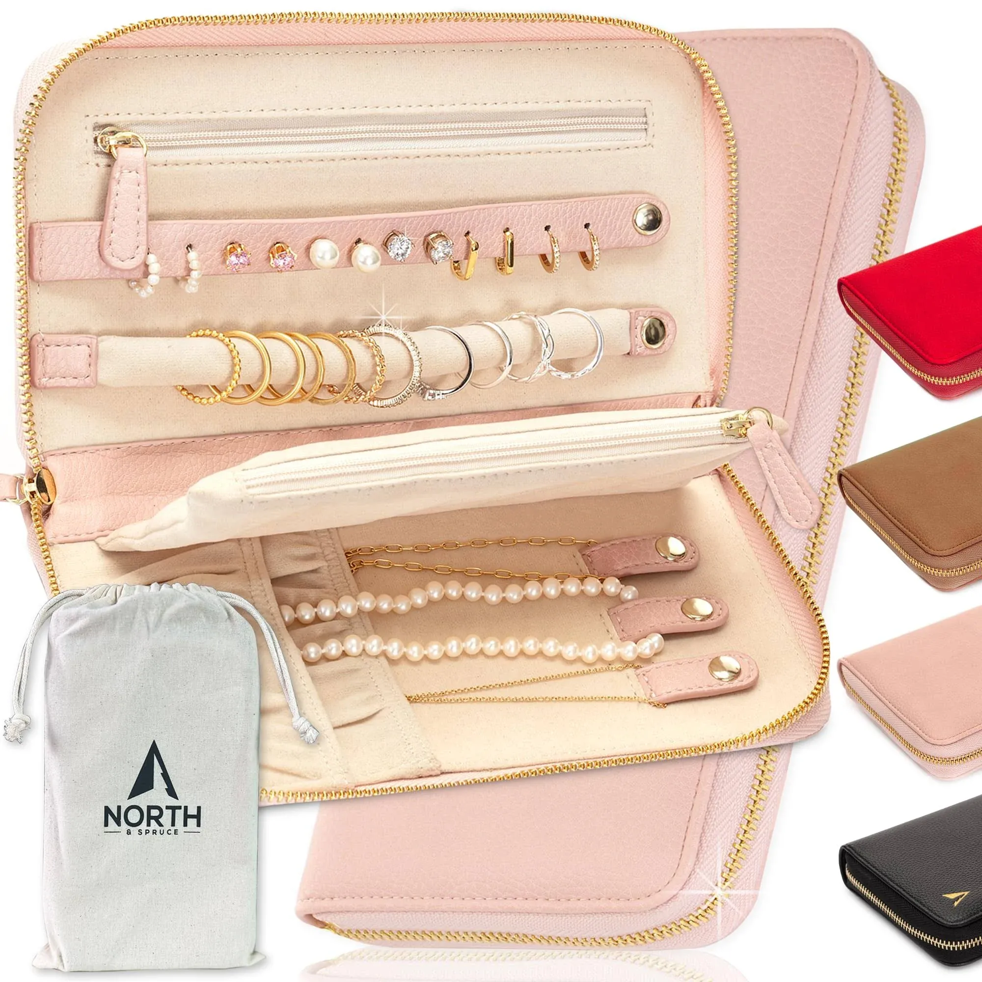 Travel in Elegance: Slim Luxury Jewelry Organizer with Zipper Closure - Perfect Travel Companion for Necklaces and Earrings in Pretty Pink