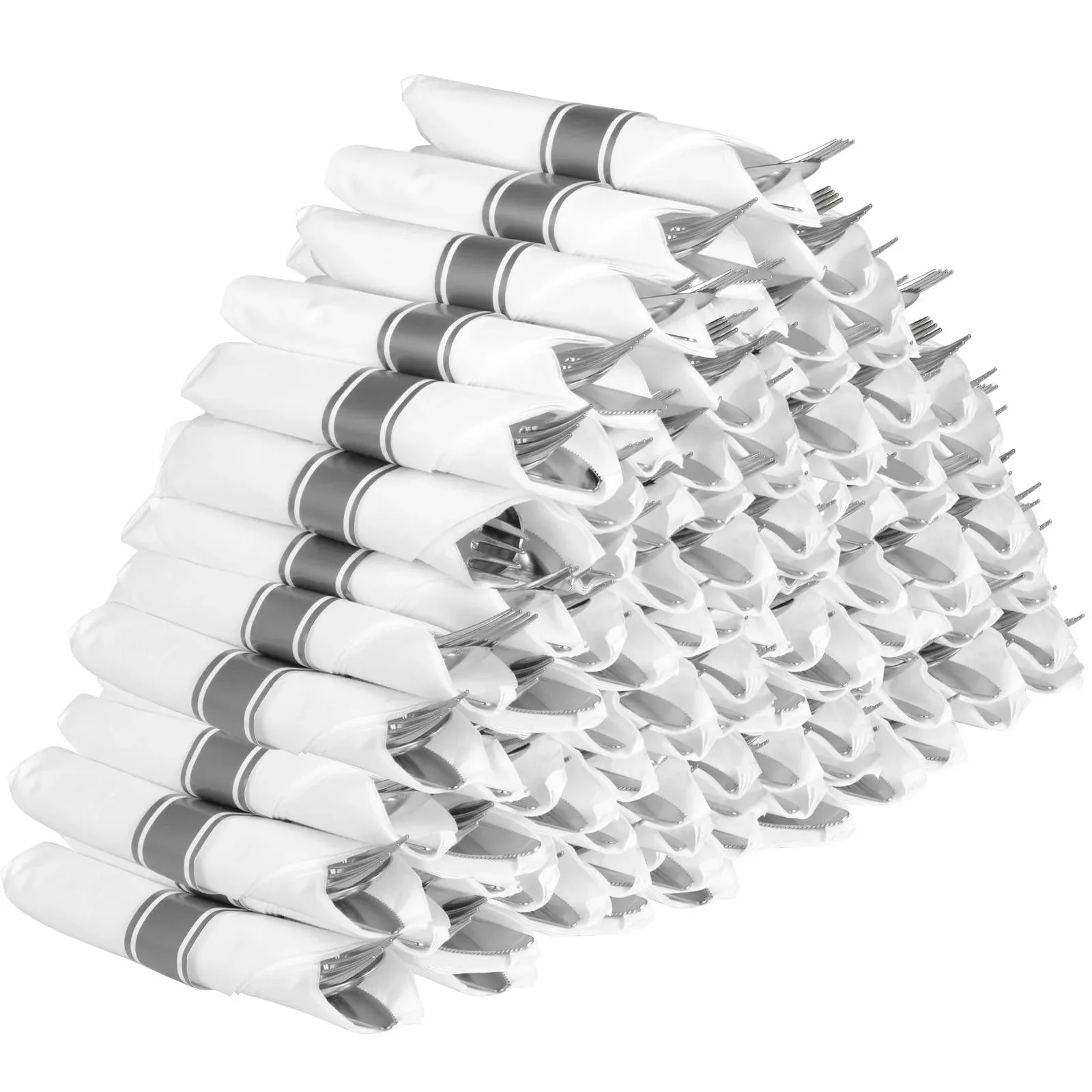 Pre Rolled Napkin and Cutlery Set - 60 Pack Silver Plastic Silverware Disposable ...