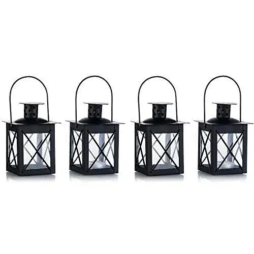 4 Pcs Vintage Black Metal Mini Decorative Candle Lanterns Tealight Candle Holder & Led Tea Light Candleholder Decoration for Birthday Parties Wedding Centerpiece Relaxing Spa Setting (Black, 4 Pcs)