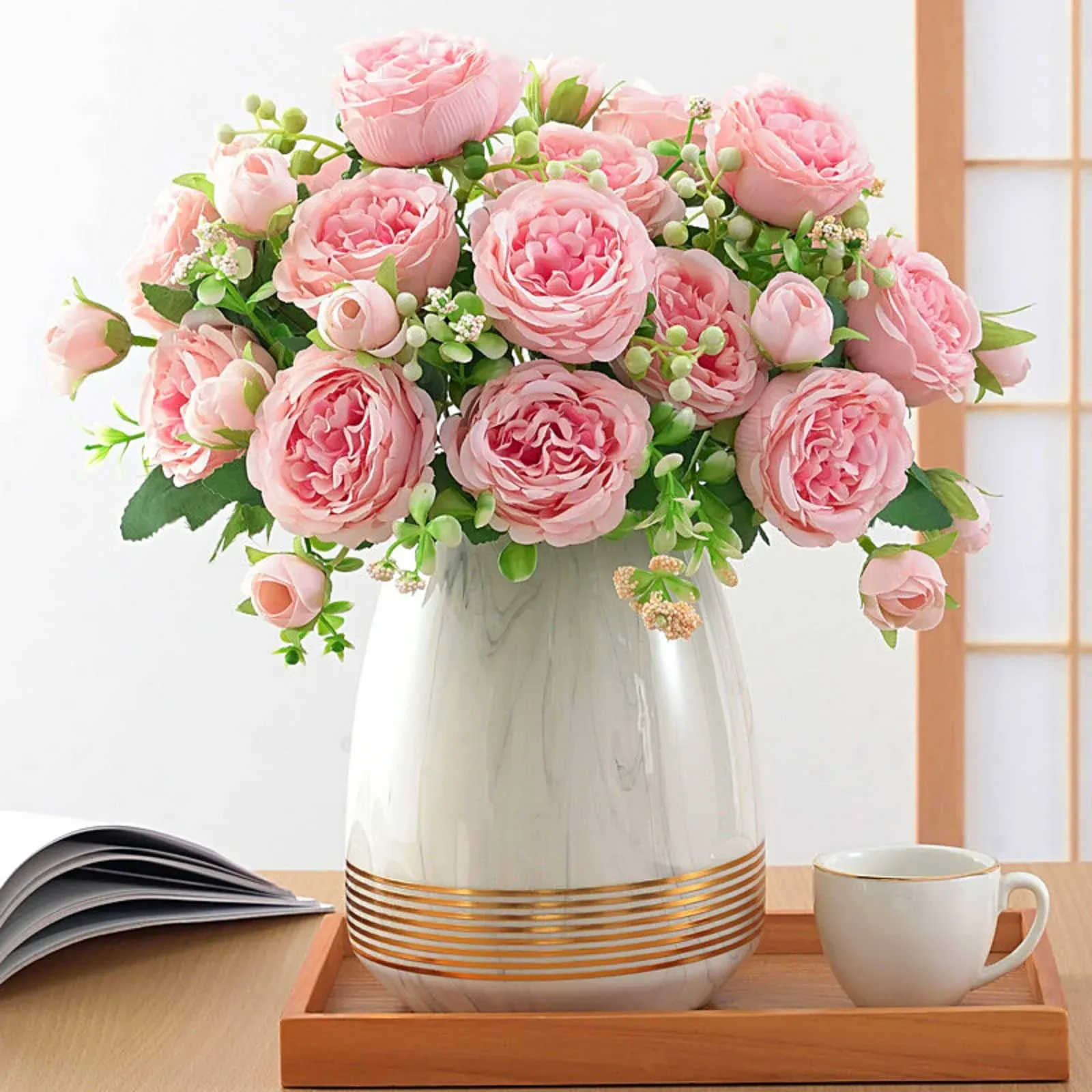 ASTRYAS 3pcs Pink Artificial Flowers Fake Silk Peony Flowers for Decoration Faux Peonies Wedding Flowers for Home Kitchen Bridal Wedding Party Decor Christmas