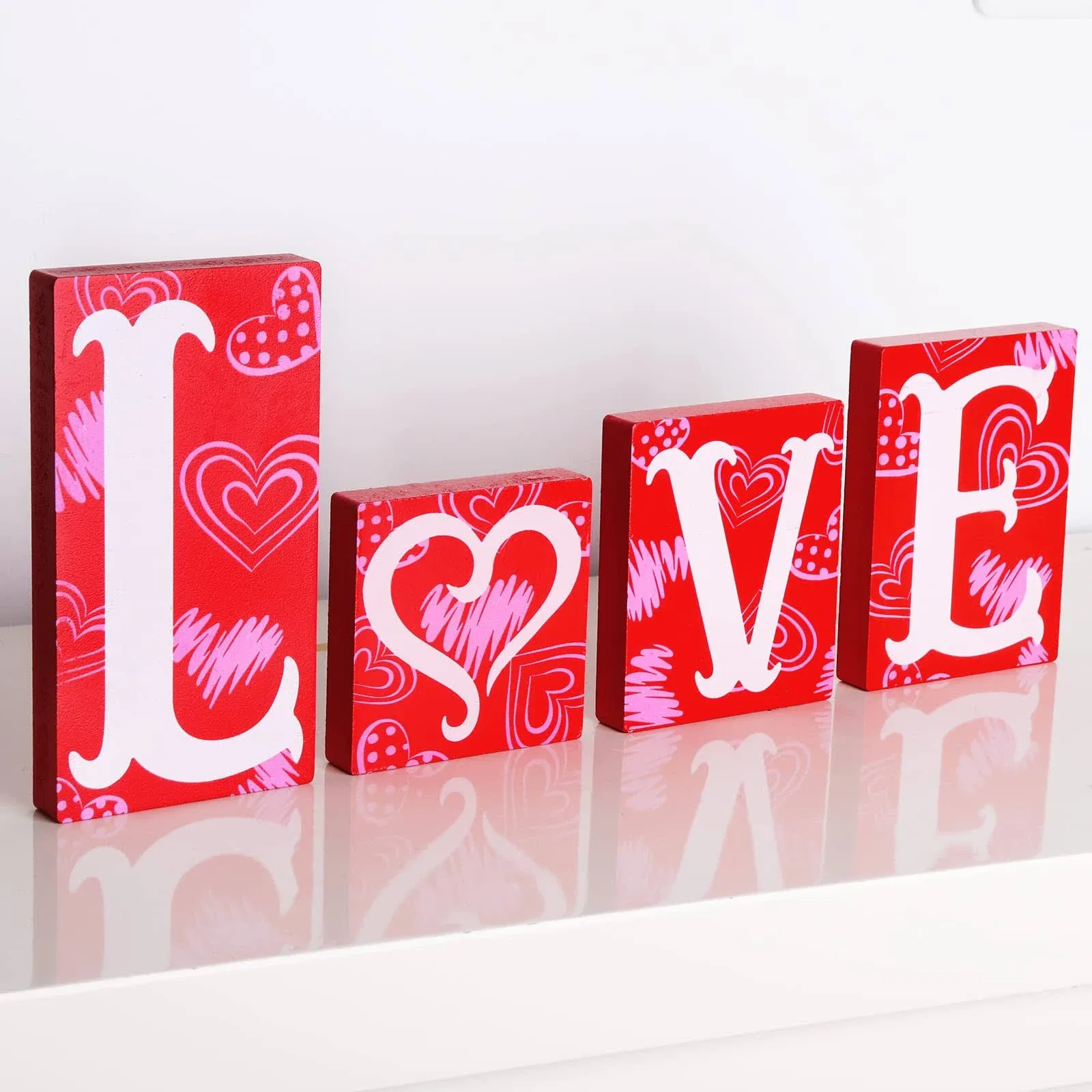 Treory Valentines Day Decor Love Blocks Wooden Table Sign Red Valentines Day ...