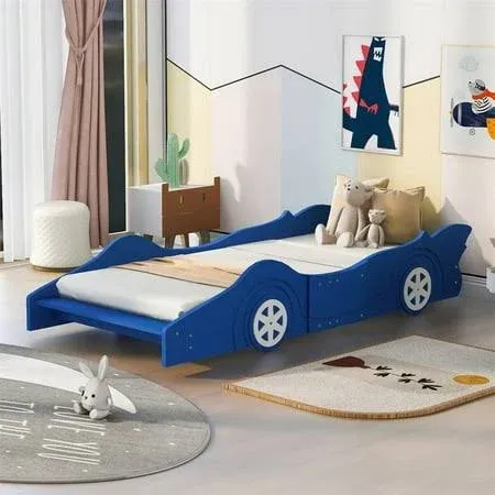 Twin Size Race Car-Shaped Platform Bed with Wheels