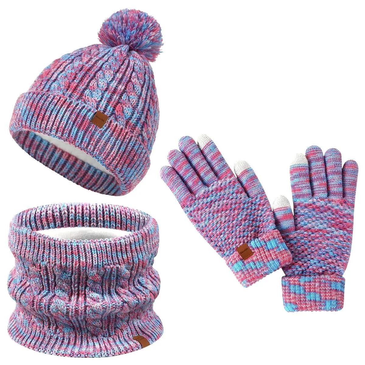 Kids Winter Hat Gloves Scarf Set, Girls Boys Children Hats Beanie with Pom Knit ...