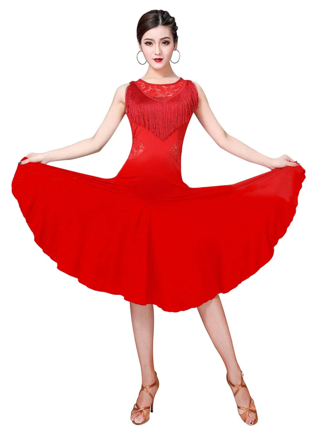 ZX Ballroom Dance Dresses for Women Fringed Lace Back Salsa Latin Dance Dress with Shorts (5 Colors), Red, X-Large