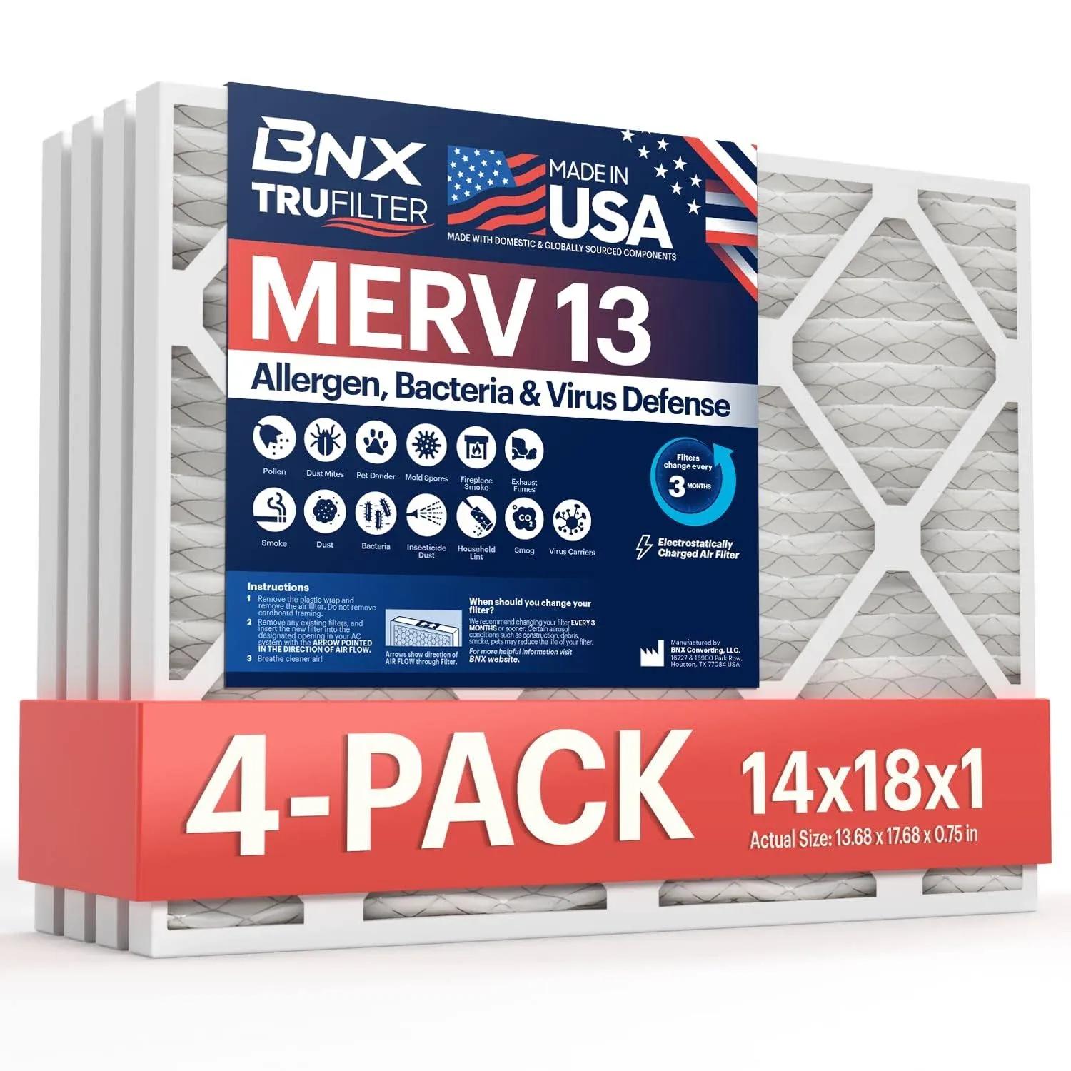 BNX TruFilter 14x18x1 MERV 13 (4-Pack) AC Furnace Air Filter - MADE IN USA - ...