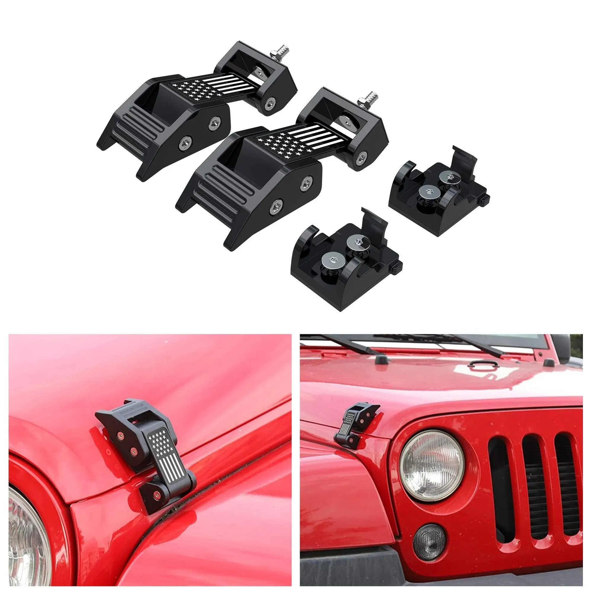 2PCS Aluminum Hood Latch Lock Compatible with Jeep Wrangler JK JKU 2007-2018,Cool American Flag Hood Pin Kits Car Decorations for Reducing Hood Shaking