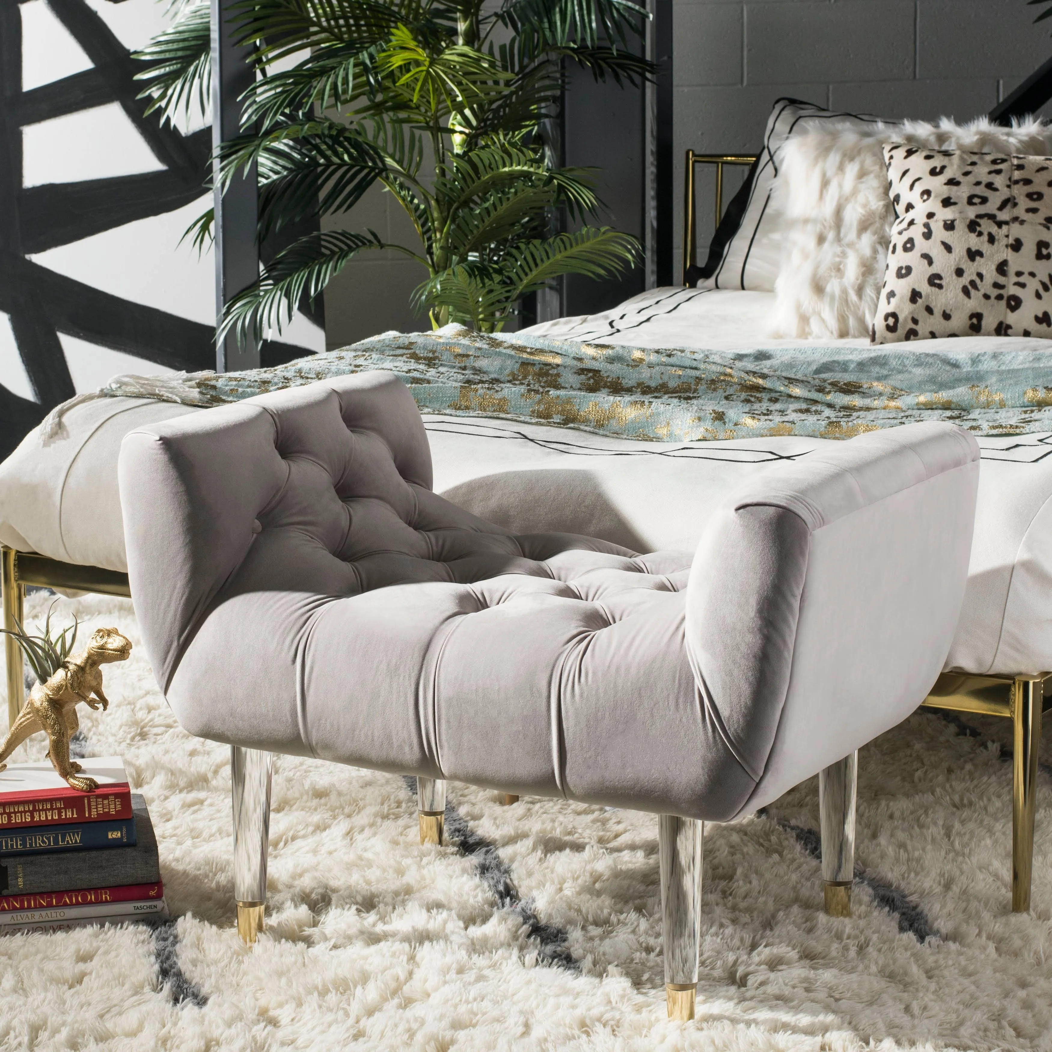 Safavieh Home Collection Eugenie Pale Taupe and Gold Tufted Velvet Acrylic Bench