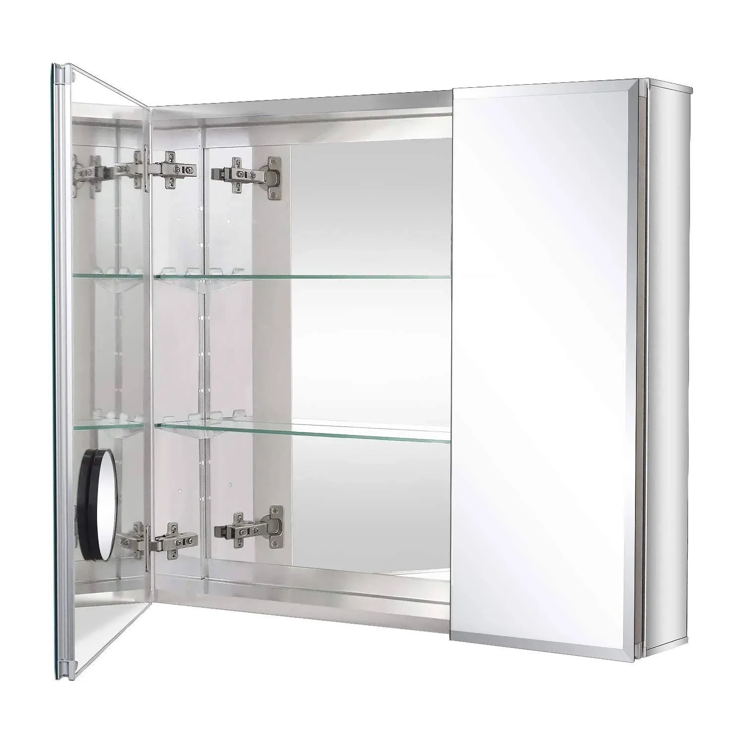 Fundin Bathroom Mirror Medicine Cabinet Aluminum Storage Cabinet 30 x 26 inch Beveled Edge Frameless Double Sided Mirror Door Recess or Surface Mount with 5X Magnifying Makeup Mirror