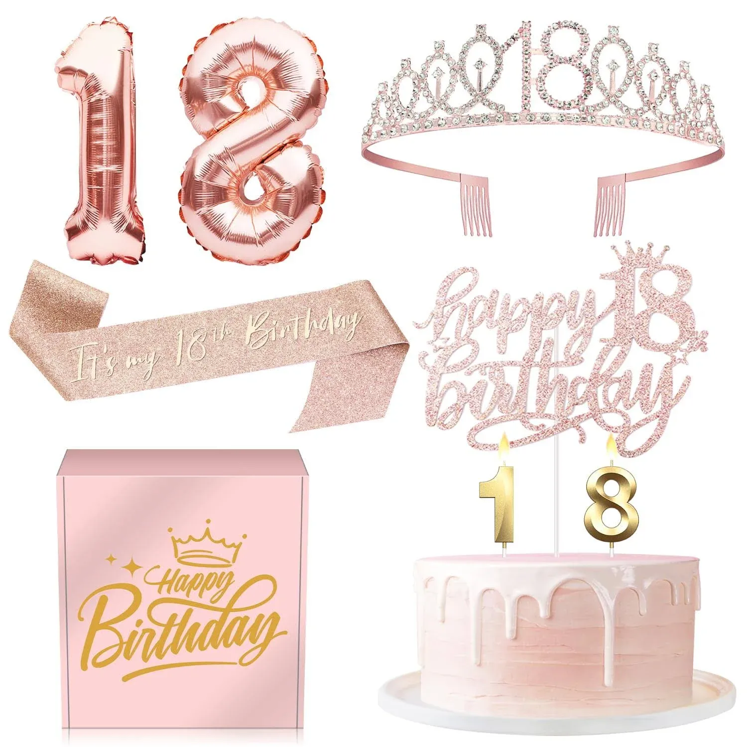 18th Birthday Gifts Decorations for Girls - 18 Birthday Cake Topper, Balloons, Queen Sash, Crown and Candle Set, Rose Gold