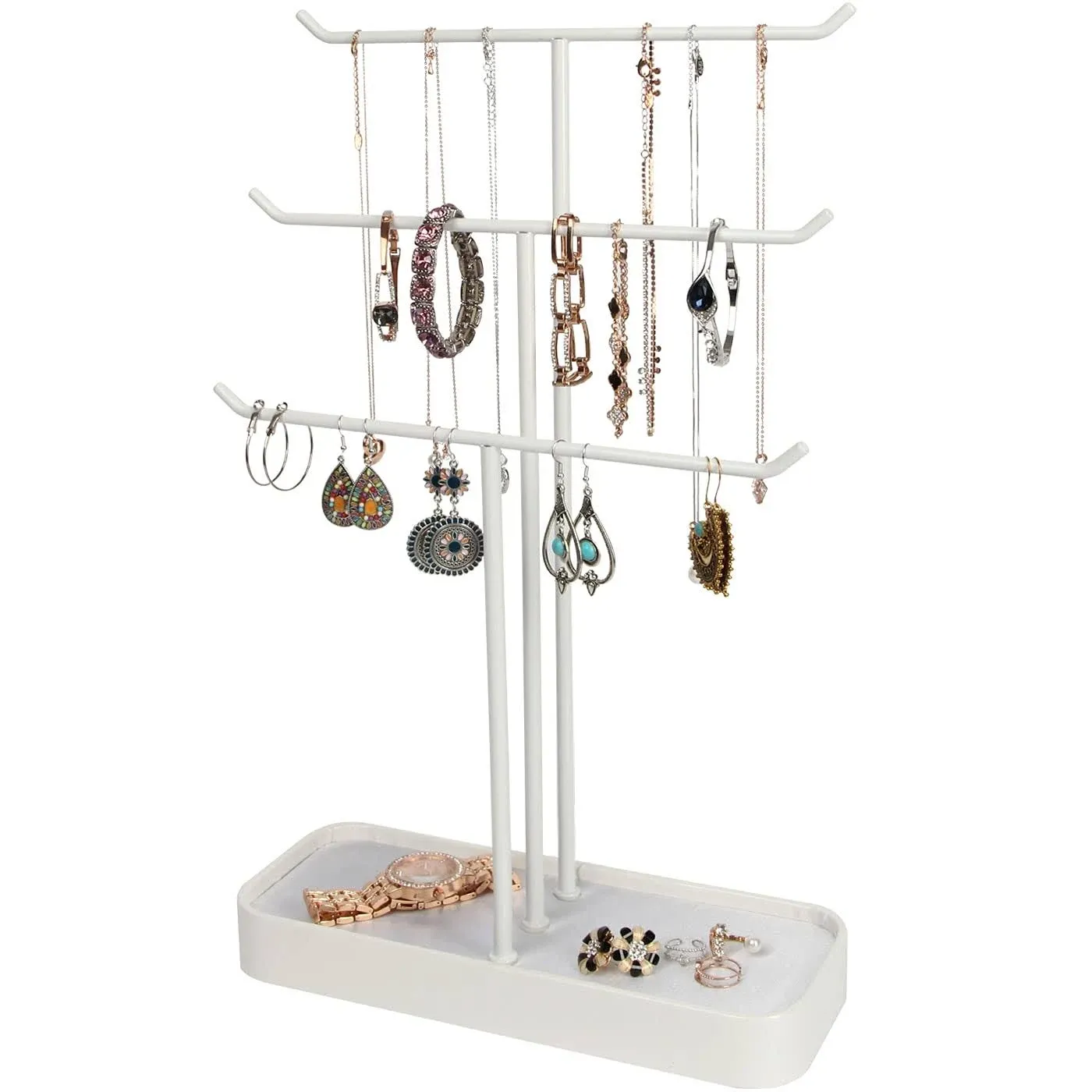 JACKCUBE Design Metal 3 Tier Jewellery Display Stand Tree Organiser Bracelet Necklace Holder Rack Hanger Tower with Earring Ring Tray Storage Tableto