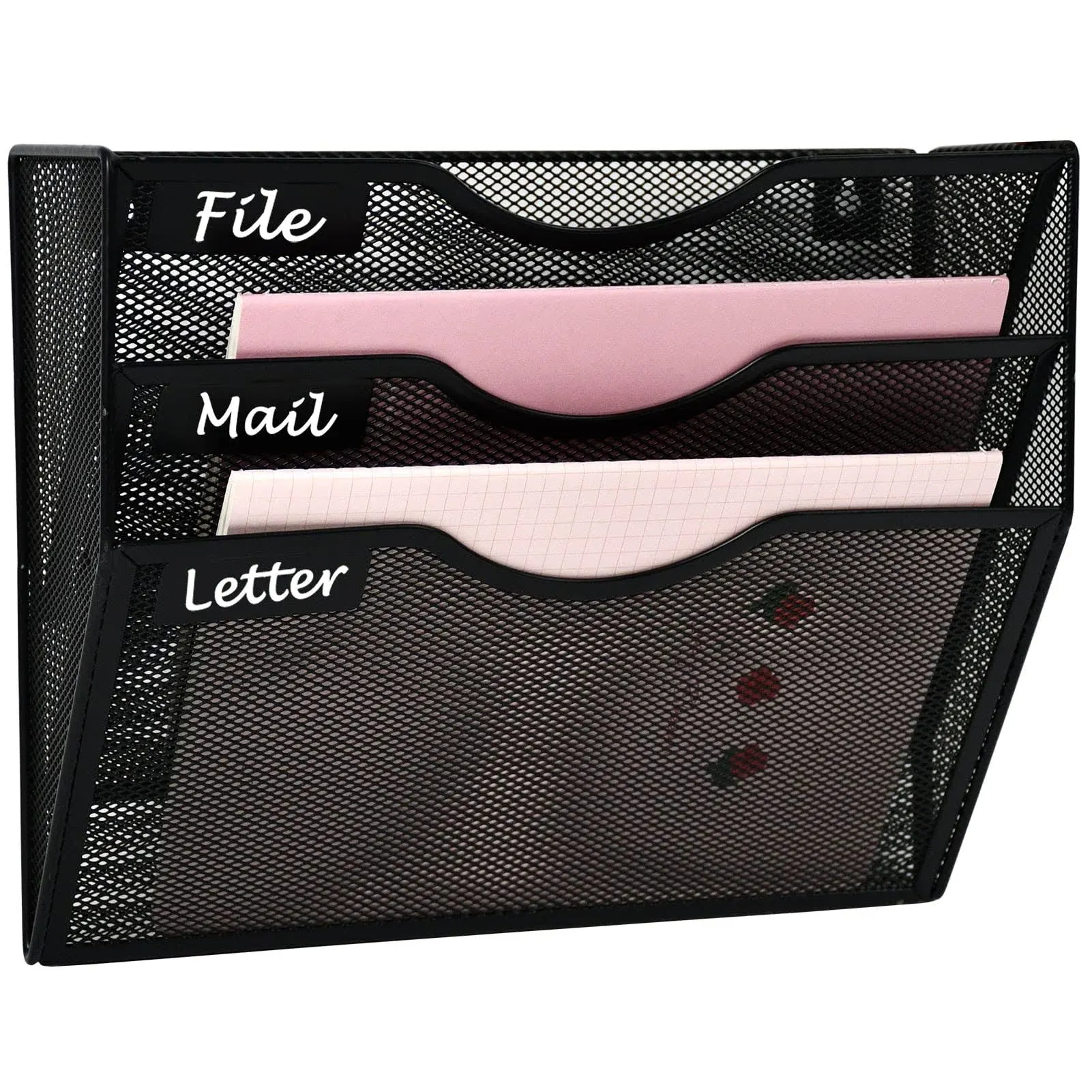 3 Pockets Mesh Hanging Wall File Holder Organizer Wall Mounted Paper Magazine Rack, Black