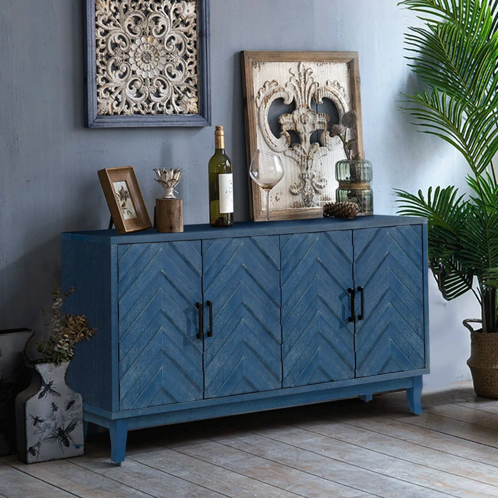 Jamie 59.8" W 4 Doors Multi-functional Storage Cabinets Vintage Style Blue Accent Cabinet with 2 Adjustable Inner Shelf and Pine Legs-Maison Boucle