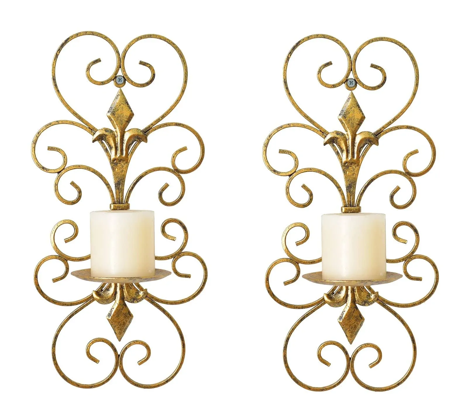 JUCONSIN Set of 2 Wall Sconces Candle Holders Metal Wall Decoration Hanging Wall Mounted Candle Sconces for Home Decor Bedroom Dining Room, Gold