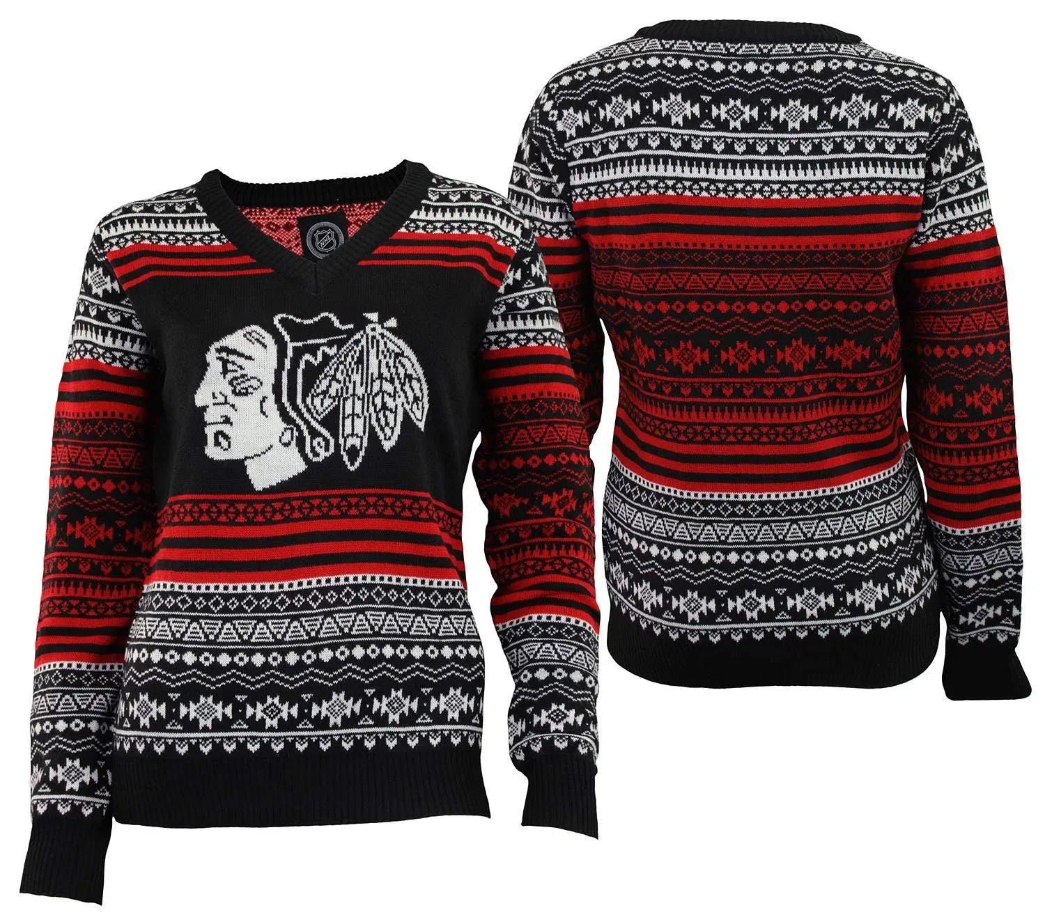 FOCO NHL Women's Chicago Blackhawks Big Logo Aztec V-Neck Sweater - 