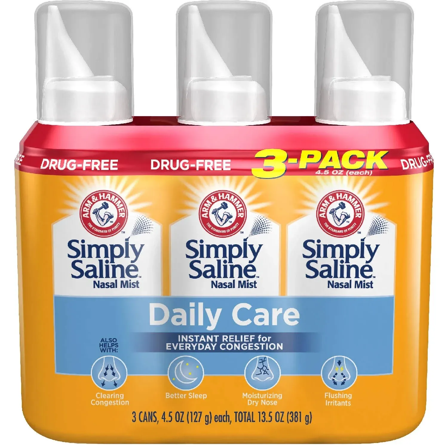Arm & Hammer Simply Saline Nasal Mist Instant Relief for Everyday Congestion, 3 Pack Tray, 4.5 Oz