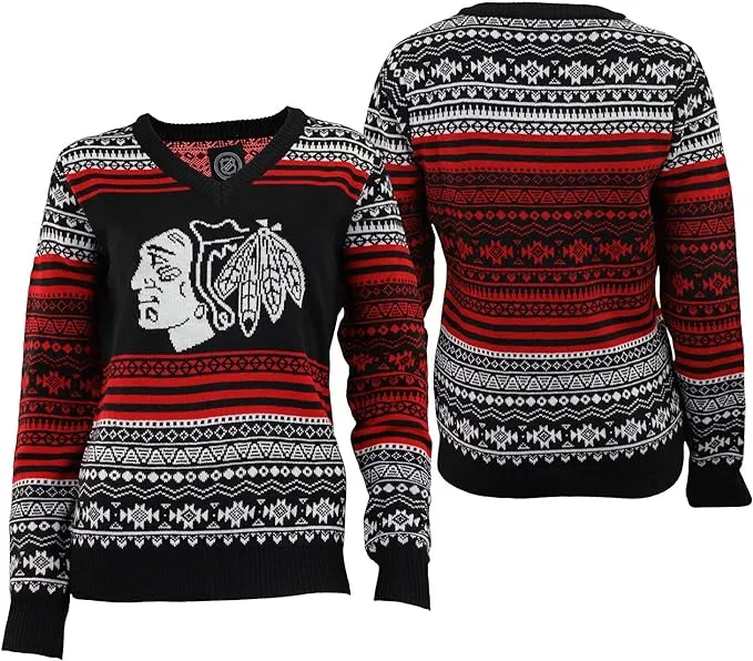 "FOCO NHL Women's Chicago Blackhawks Big Logo Aztec V-Neck Sweater - "