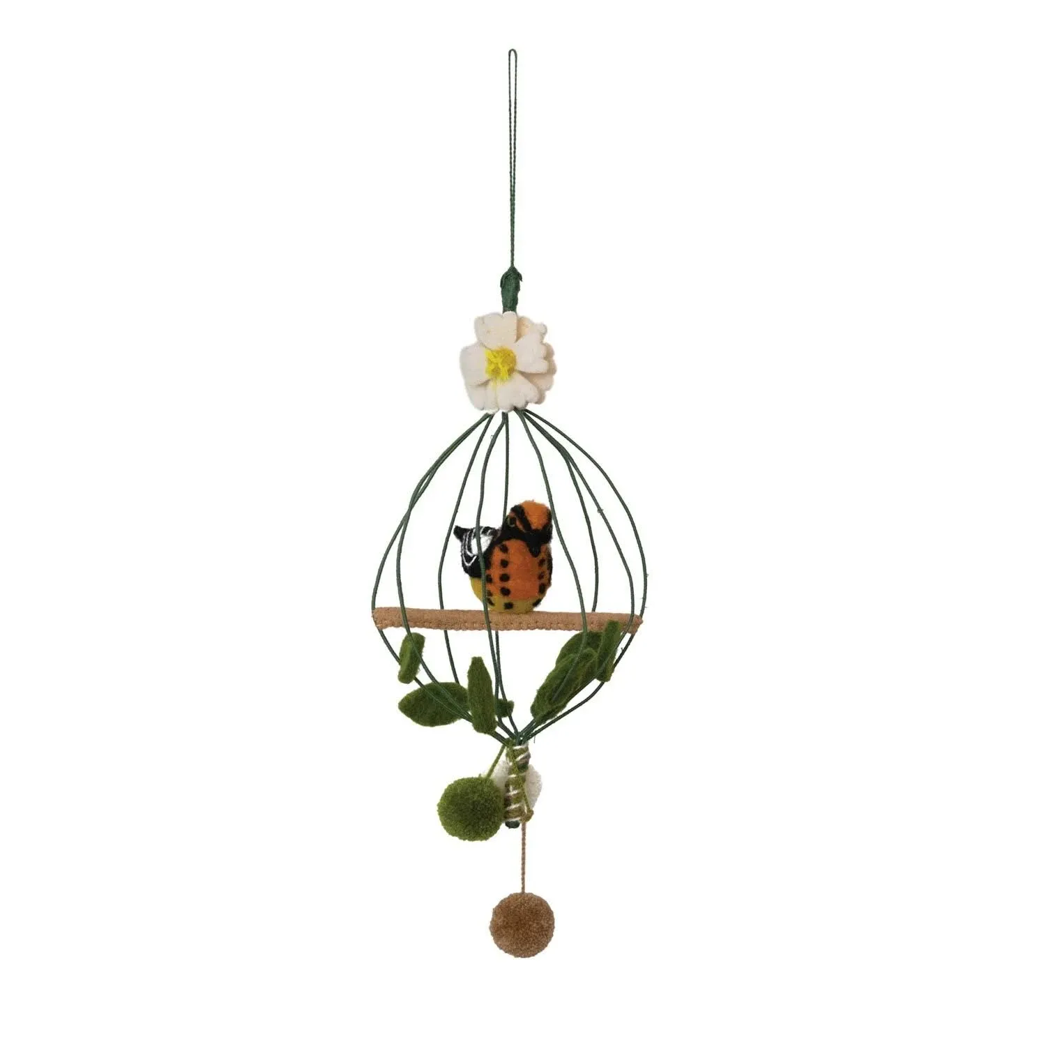 Wool Felt Bird Cage Mobile with Bird, Flower and Pom Poms - 6" x 6" x 16"