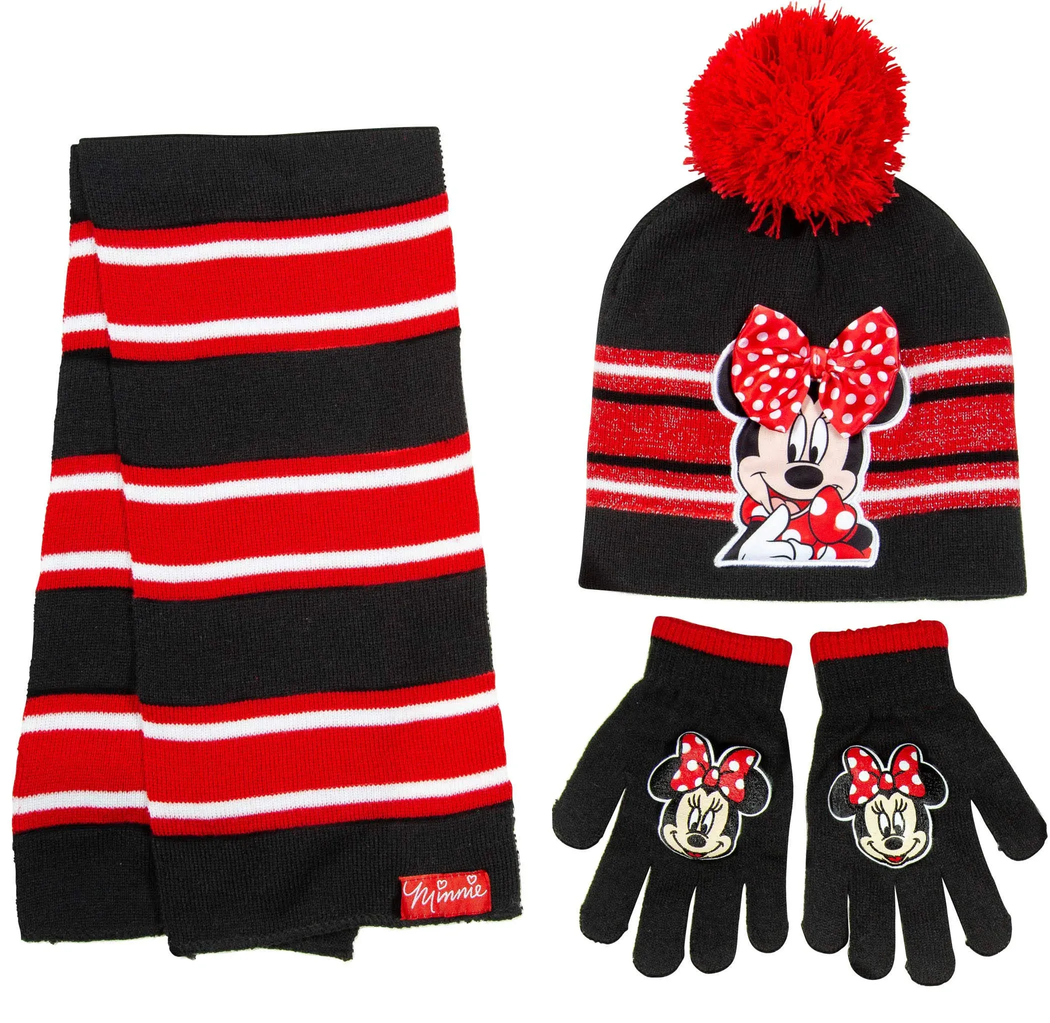 Disney Minnie Mouse Girls 3 Piece Beanie Hat Scarf and Glove Set -Pink and Red