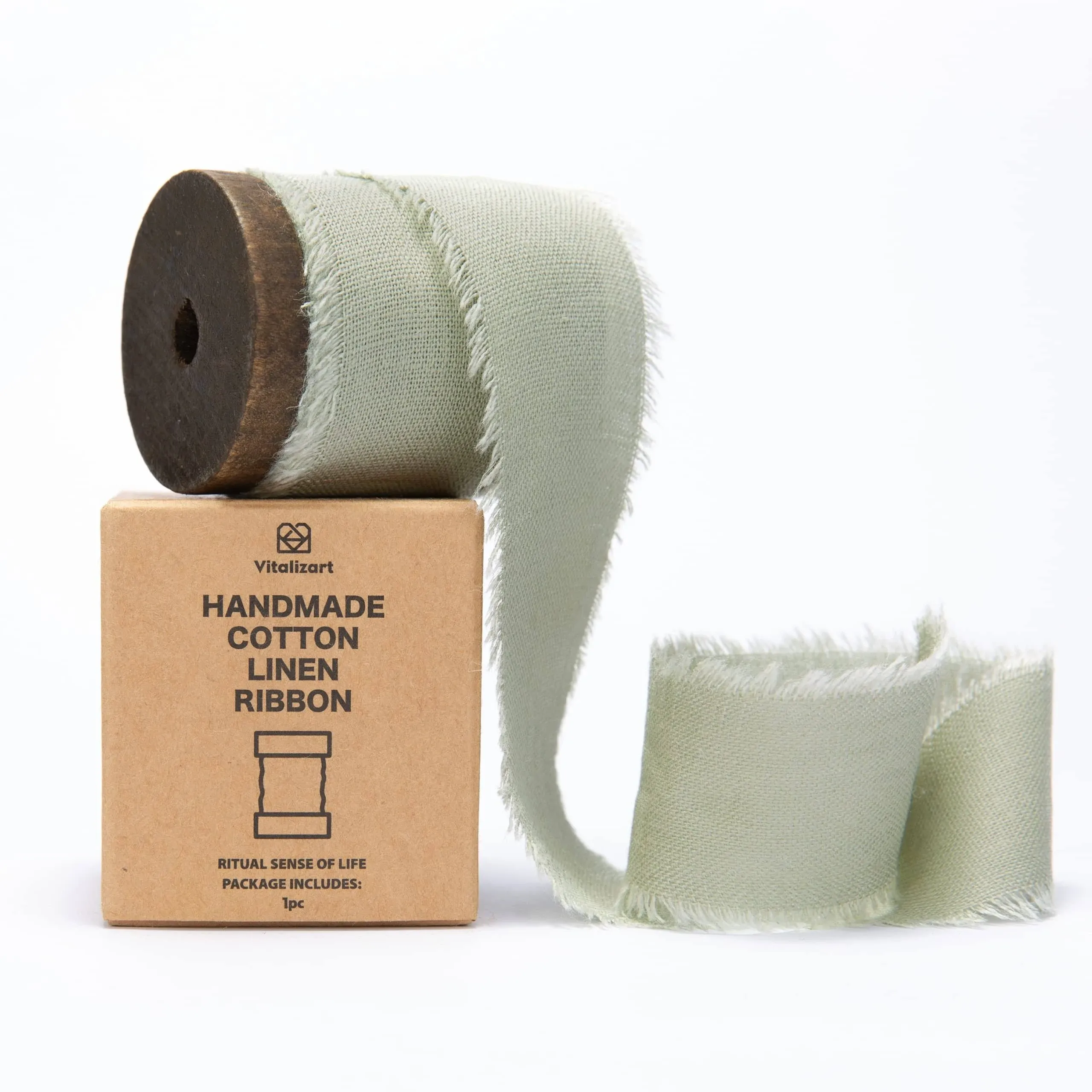 Vitalizart Sage Green Linen Ribbon with Spool 1.5 x 5yd Rustic Frayed Cotton ...