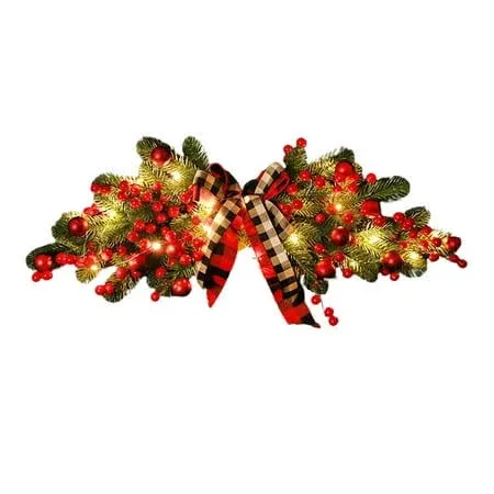 Artificial Christmas Swag, 27inch Winter Pine Needles Decoration Swag with Ribbon ...